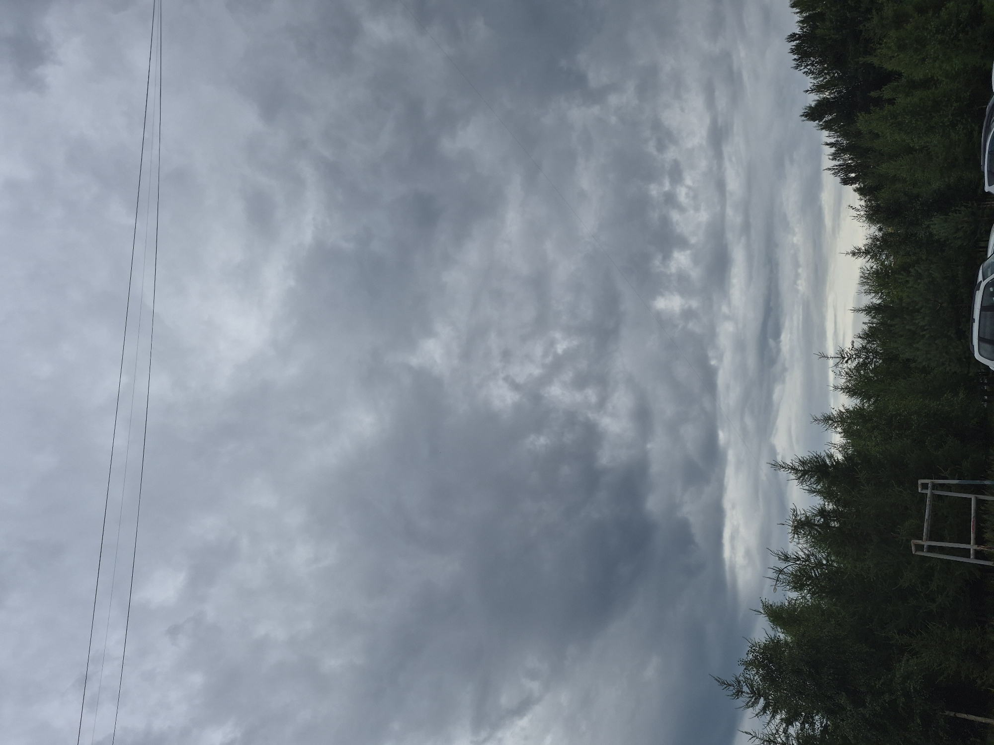 This image depicts an outdoor scene with a cloudy sky dominating the frame. The clouds appear dark and heavy, suggesting an overcast or potentially stormy weather condition. On the right side of the image, a dense line of dark green trees runs vertically. Partially visible amongst the trees on the far right are the tops of several vehicles, likely cars, adding a subtle man-made element to the natural landscape. A thin, black wire runs vertically along the left side of the image, possibly a power line or a utility cable. A simple metal structure, possibly a part of a fence or a frame, is also visible in the lower right section, peeking through the trees. The overall mood conveyed is somewhat somber, likely due to the heavy cloud cover and the lack of direct sunlight. The scene appears to be set in a location with ample greenery, as indicated by the prominent tree line. The presence of vehicles suggests a developed area, possibly a parking lot or a roadside. There is no visible text in the image.