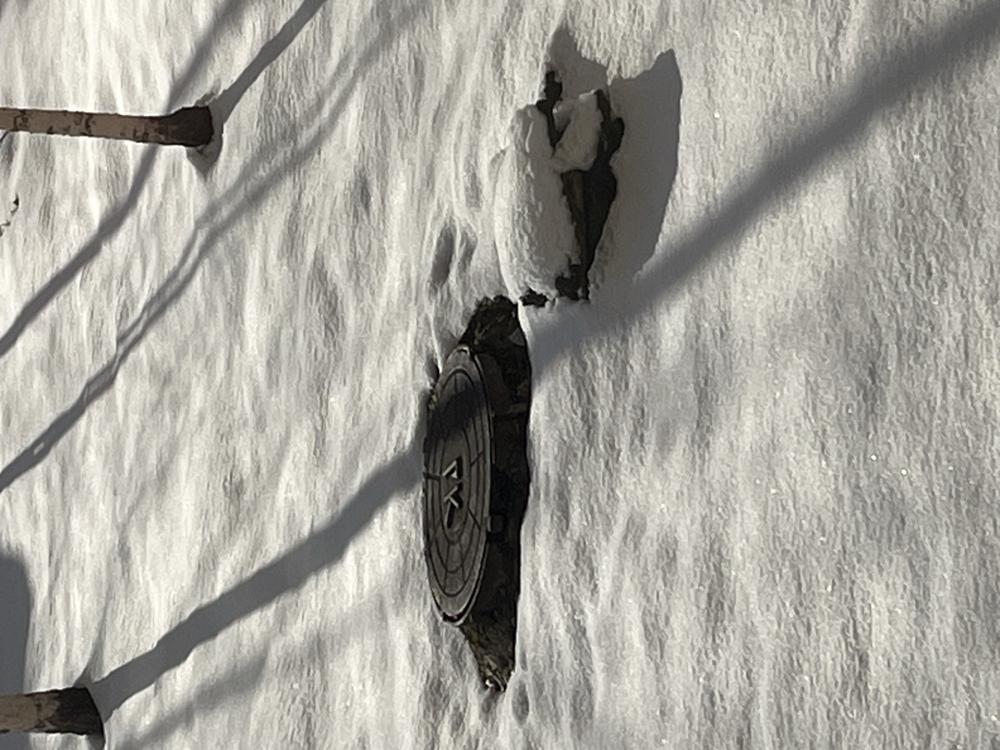 The image presents a close-up view of a snow-covered surface in an unidentified location within the city of Unknown, Unknown. Embedded in the snow is a circular manhole cover, partially exposed due to the surrounding snow melting or being cleared. A small branch or stick is also embedded in the snow to the upper left of the manhole, with its shadow cast upon the surface. A cluster of snowy formations, possibly concealing another object, is present above and to the right of the manhole cover. The overall environment indicates winter conditions with accumulated snowfall. The manhole cover appears metallic and features a patterned design. The details of the surroundings, beyond the snow and the few embedded objects, are not visible in the image.