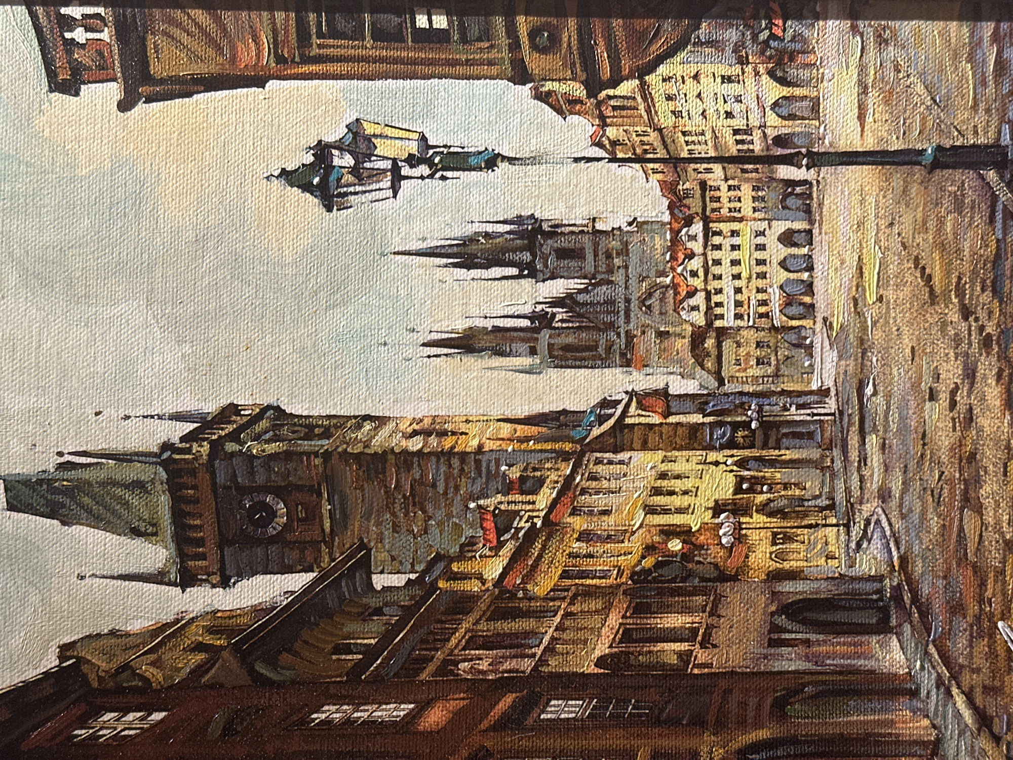 This is a painting depicting an urban scene. The primary subjects are buildings, a clock tower, and a lamppost, all rendered in a painterly style with visible brushstrokes. The architecture suggests a historical European city, possibly with Gothic or Romanesque influences, characterized by tall structures with spires and numerous windows.
The scene appears to be a street view, with buildings lining the right side of the composition and a prominent clock tower on the left. The clock face on the tower is clearly visible, indicating it's an important feature. The lamppost stands tall, dividing the scene and adding a vertical element. The overall impression is one of an old European city, with a sense of depth created by the receding buildings.
The time of day is suggested by the warm, golden light that illuminates the buildings, casting shadows and highlighting textures. This lighting evokes a late afternoon or early evening sun. The sky is a pale, overcast gray, suggesting a diffused light rather than direct sunlight.
There are no visible people or explicit activities taking place. The scene is static, focusing on the architectural elements and the atmospheric lighting. The location context of Steenwijk, Netherlands, while provided, is not visually identifiable from the painting itself. There is no visible text within the artwork.