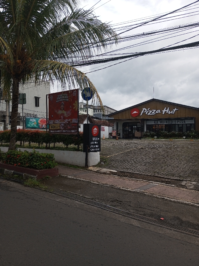 The scene is set in Kodarapalli, India, presenting an outdoor urban street environment under an overcast sky.
In the immediate foreground, a dark asphalt road with a metal drainage grate runs horizontally. This road is bordered by a raised concrete curb and a paved sidewalk. To the left, a large palm tree extends upwards, its fronds partially obscuring the upper left quadrant of the frame. Adjacent to the sidewalk, a white-walled planter box contains neatly trimmed green bushes with some scattered red flowers.
Behind the planter, a tall, vertical black sign displays the red Pizza Hut logo at the top, followed by "NASUK➡️" (meaning "ENTER➡️") in white text, and additional Indonesian script below, possibly indicating hours or services. To the left of this sign stands a large billboard featuring a graphic of a person holding food, accompanied by text primarily in Indonesian, including phrases like "MULAI DARI," "MAKAN," and "GRATIS," alongside the English word "Crunch." A blue circular pedestrian sign is visible next to the billboard.
The midground is dominated by a Pizza Hut restaurant building. It features a distinctive A-frame-style dark brown roof and walls, with large glass windows comprising the facade. The prominent "Pizza Hut" logo and the slogan "ALL YOU NEED IS PIZZA" are displayed on the building front. In front of the restaurant, a large, open area paved with dark grey interlocking pavers serves as a parking lot or drive-thru access, with no vehicles present. Low green landscaping bushes line the perimeter of this paved area and the front of the building. A single orange traffic cone is visible near the building's entrance.
In the background, several multi-story buildings with light-colored facades are visible. The upper portion of the image is filled with a dense network of overhead black electrical wires crisscrossing against the grey, cloudy sky. No people, discernible actions, or interactions are visible in the scene.