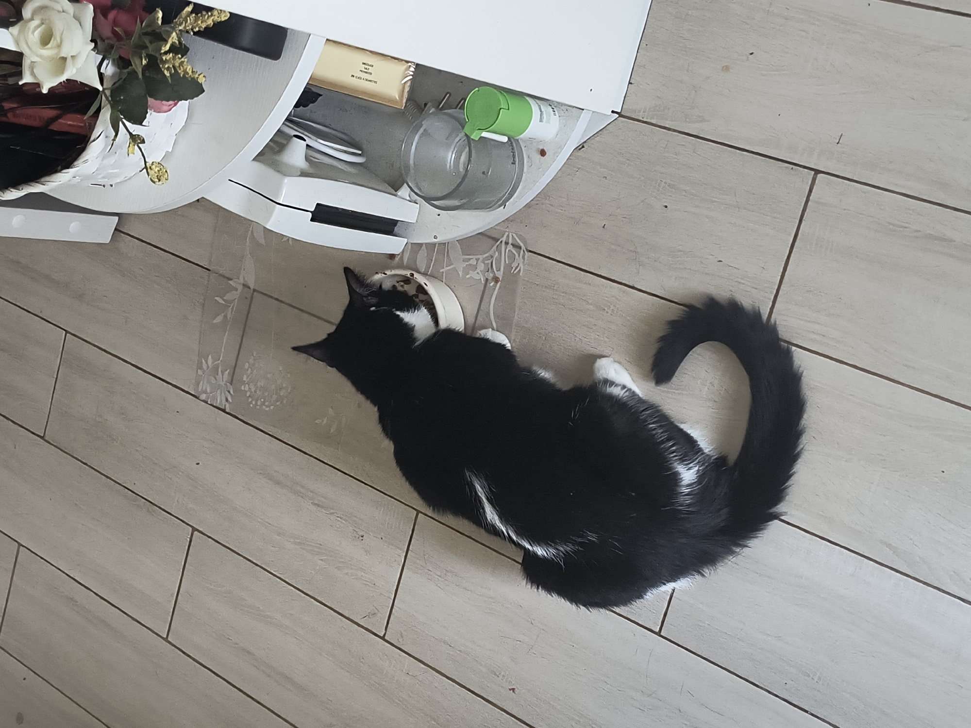 In Rivne, Ukraine, a black and white cat is eating from a white bowl placed on a clear mat on a light-colored tiled floor. To the right of the cat, a white multi-tiered shelf unit is visible. The top shelf contains a white basket filled with red and white artificial flowers. Below that, on another shelf, are various items including a clear plastic container with a lid, a small green spray bottle, and a golden packet. The cat is positioned on the left side of the image, facing the bowl and partially obscured by the shelf unit. The lighting suggests an indoor setting.