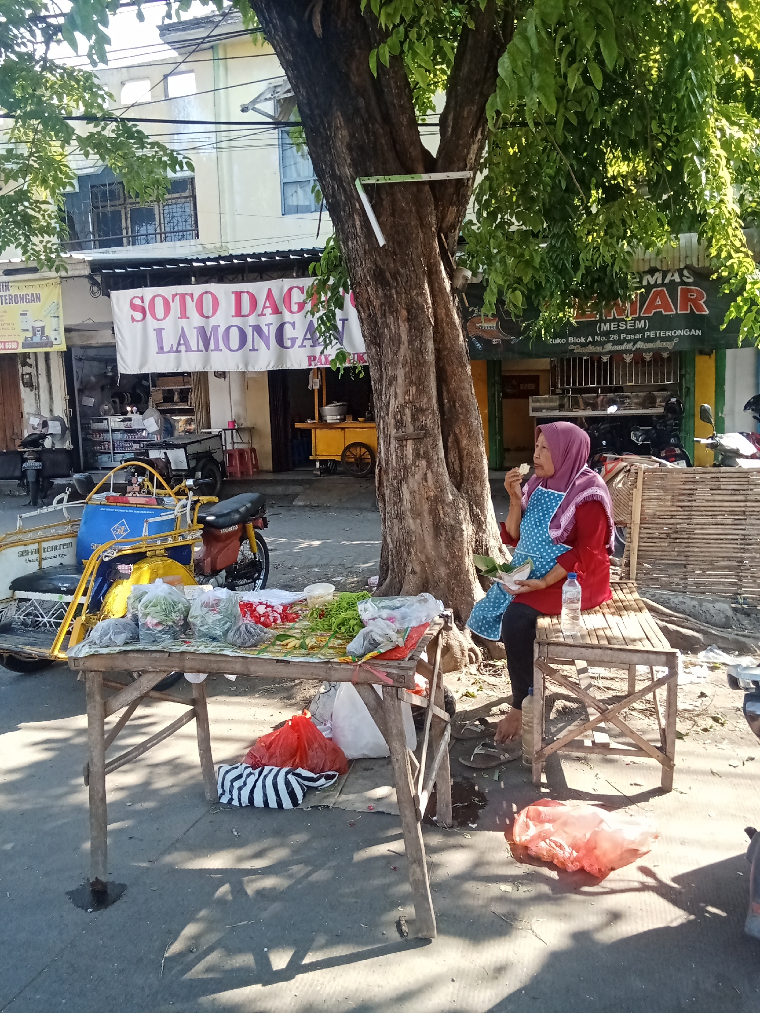 An outdoor scene in Peterongan, Indonesia, features a woman sitting on a bamboo bench under a large tree. She is wearing a red top, a purple headscarf, and a blue and white polka-dot apron. She is eating something from a banana leaf wrapper and holding a small cup in her left hand. A bottle of water is on the bench beside her.
In the foreground, a wooden table displays various fresh produce, including leafy greens, red flowers, and other vegetables, arranged in plastic bags and loose. To the left of the table, a blue and yellow motorized tricycle, possibly a becak, is parked. Behind the table, several plastic bags, one with black and white stripes and another red one, lie on the ground.
In the background, storefronts are visible, with one banner displaying the text "SOTO DAG LAMONGAN". Another banner reads "EMAS LEMAR". The environment appears to be a street or market area with a building and a street in the background, suggesting a commercial setting. Sunlight casts shadows from the tree onto the ground.