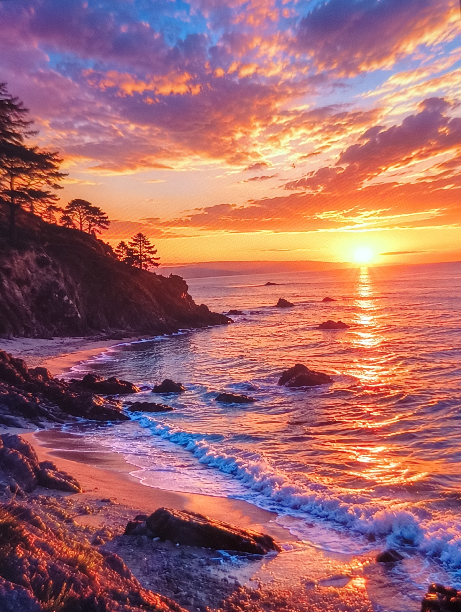 A vibrant sunset paints the sky with hues of orange, pink, and purple over a rocky coastline. The sun, a bright orb, is positioned low on the horizon, casting a shimmering golden path across the rippling ocean. Waves gently lap against a sandy beach dotted with dark, wet rocks. Silhouetted pine trees stand atop a steep, rugged cliff that overlooks the sea. The scene is tranquil and picturesque, evoking a sense of natural beauty and the end of a day.