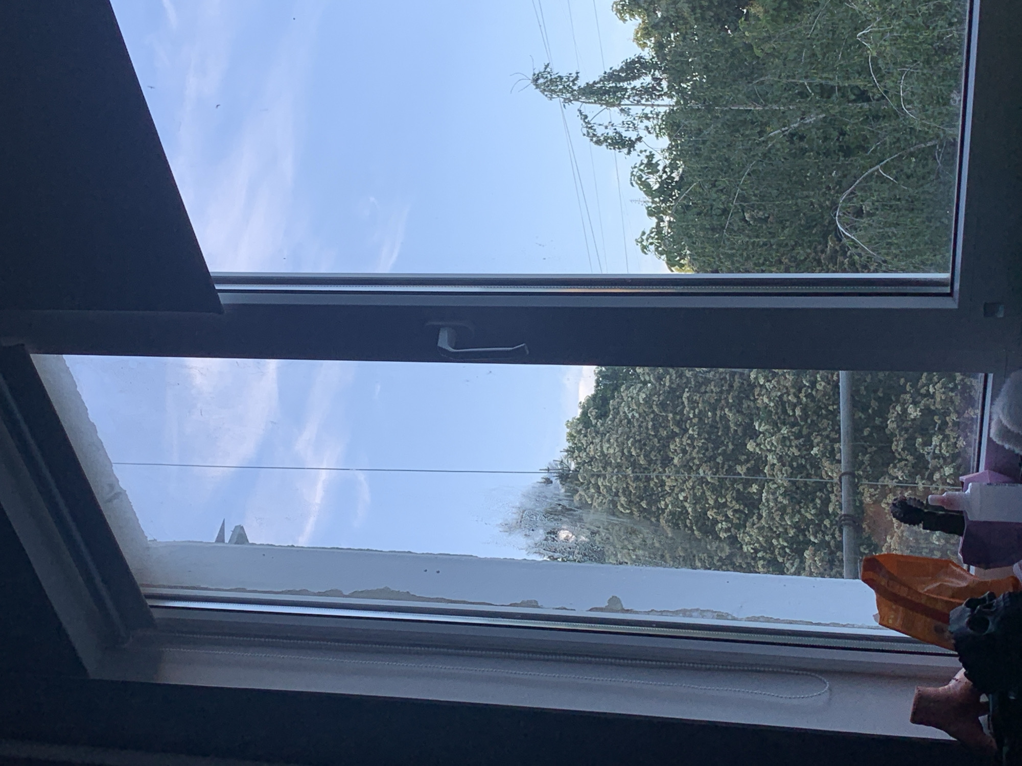 This vertical-format image presents a view looking outwards through a multi-pane window, possibly a skylight, from the interior of a room. The window frame is dark gray or black.
Through the upper pane of glass, a bright, clear blue sky with sparse, wispy white clouds is visible, indicating daytime and good weather conditions. Thin power lines traverse the sky, and some tree branches extend into the upper frame. Below the central horizontal window divider, the lower pane of glass provides a dense view of lush green tree canopy, suggesting a spring or summer season. Metal scaffolding poles are faintly visible among the foliage in the background towards the right.
The window glass, particularly in the lower pane, shows some residue or smudges, and there is a rough, light-colored material along the bottom edge of the glass, possibly worn sealant or paint. A dark handle for opening the window is centrally located on the horizontal frame. Inside the room, a white track for an internal blind or shade runs along the bottom window frame. On a surface to the right, likely a windowsill, several objects are placed, including an orange plastic bag or container, a dark decorative item resembling a skull, and other unidentifiable items in shades of purple and white.
The scene depicts an exterior environment from an indoor perspective in Stavropol, Russia, characterized by residential elements and natural greenery. No specific activity is occurring, and there is no visible text.