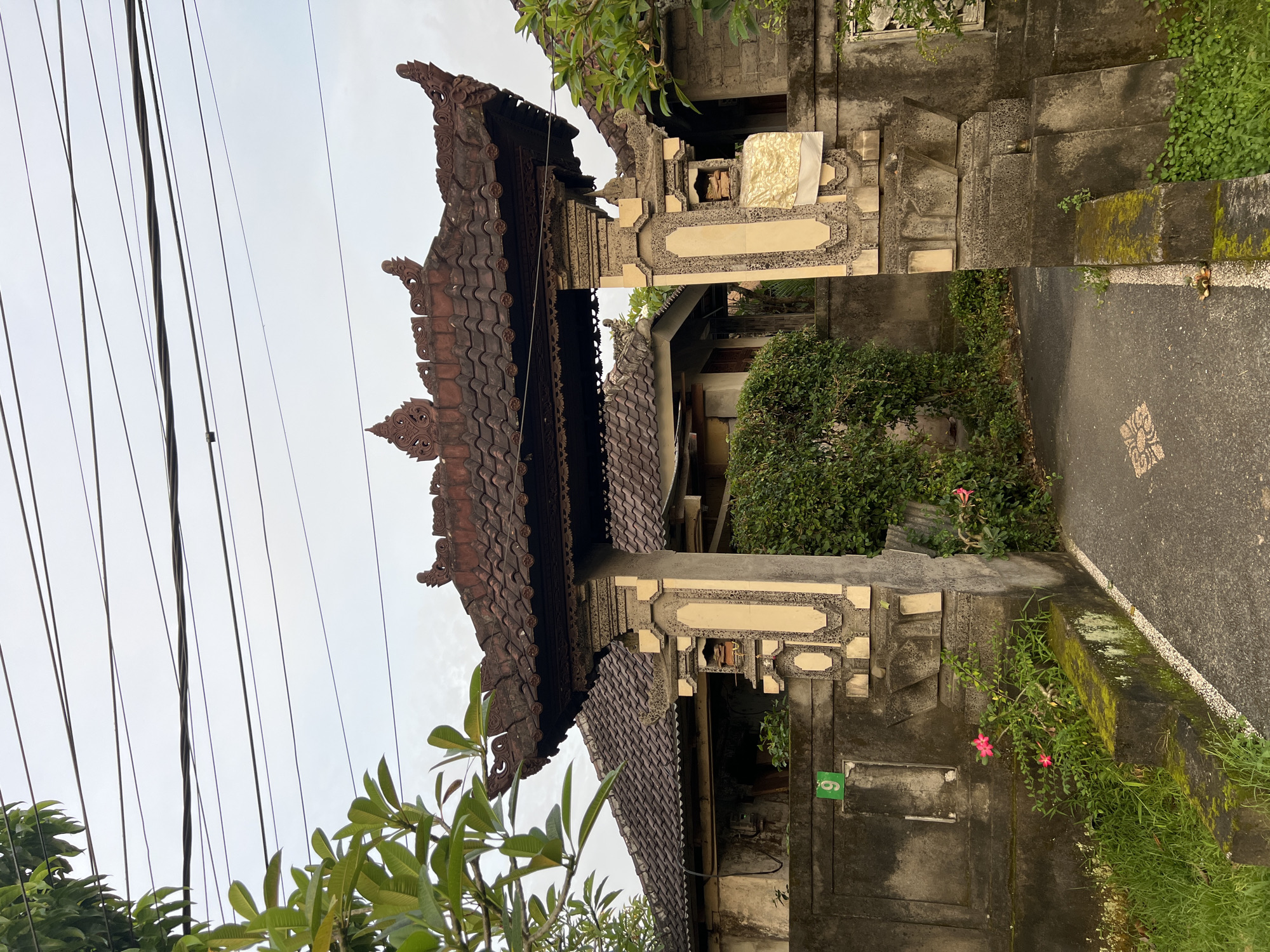 The scene depicts a traditional Balinese-style gateway in Celuk, Indonesia. The gateway consists of two ornate stone pillars, predominantly beige with grey decorative patterns, supporting a multi-tiered, dark reddish-brown tiled roof adorned with intricate carved finials and decorative elements. A dark asphalt pathway, edged by a white strip on the left, leads through the gate.
Flanking the pathway are weathered grey stone walls, partially covered with moss and green ground vegetation. A green rectangular plaque with the white number "9" is affixed to the left wall. Several pink flowers are visible growing near the base of the left wall and further into the property on the right. Behind the gate, visible portions of structures with reddish-brown tiled roofs and corrugated metal elements are present, partially obscured by dense green foliage. Overhead, multiple black utility lines stretch across an overcast, light grey sky. Green leaves from unseen trees frame the upper and lower left sections of the image. An offering, draped in white and gold patterned fabric, is positioned within a niche on the right gate pillar. A small glass container rests on the low wall to the right of the path. No individuals are present.