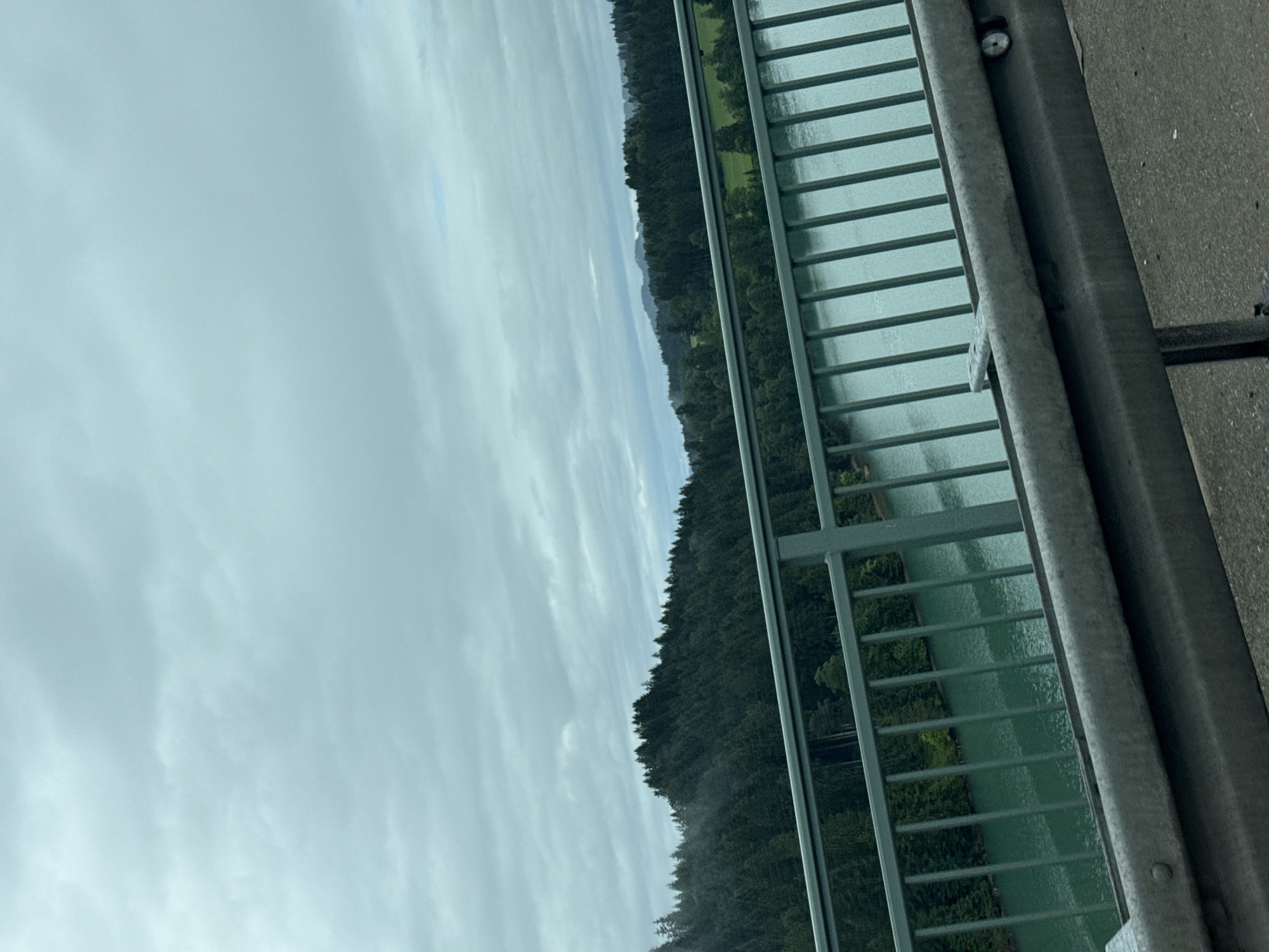 This image, taken from a bridge, captures an expansive natural landscape under an overcast sky. In the foreground, a sturdy, grey metal bridge railing is prominently featured on the right side, extending horizontally across the lower portion of the frame. Through the vertical bars of the railing, a body of calm, greenish-blue water is visible, likely a river or lake, reflecting the muted light.
Beyond the water, a dense, dark green forest line stretches across the middle ground, indicating a forested bank or hillside. In some areas, lighter green patches of grass or open land are discernible between the water's edge and the start of the forest. The distant horizon reveals faint, layered hills or mountains, partially obscured by the extensive cloudy sky. The sky itself is a soft, light blue-grey, dominated by broad, diffused clouds, suggesting an overcast or muted daytime. A small section of paved road or sidewalk, dark grey and textured, is visible at the far right edge, reinforcing the viewpoint from an elevated structure like a bridge. The overall scene conveys a tranquil, natural environment, possibly in a valley or gorge, consistent with locations in areas like Schongau, Germany. There is no visible text or explicit activity taking place.