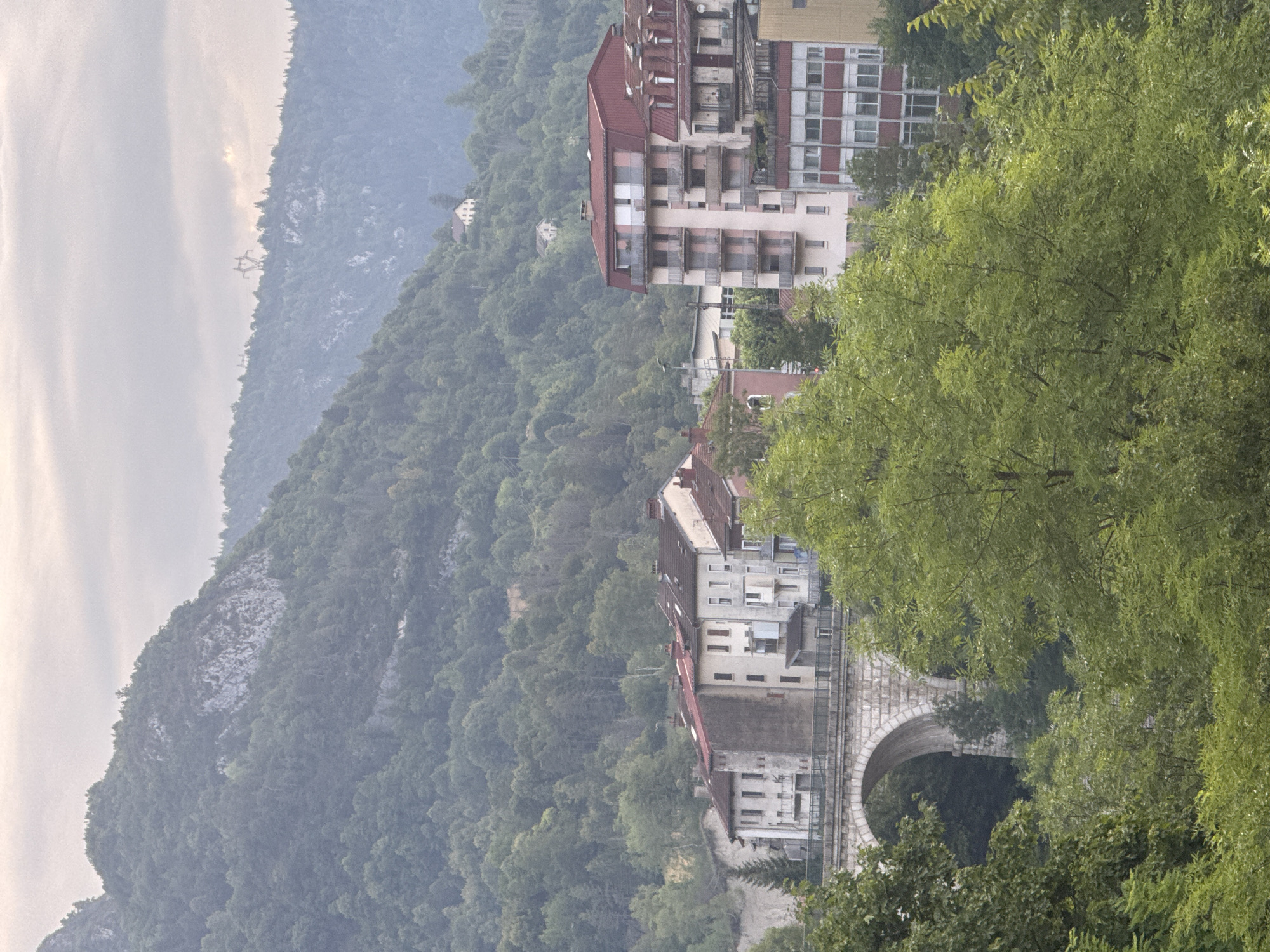 The image captures a view of the city of Saint-Claude, France, with a focus on its natural surroundings and urban architecture. In the foreground, lush green trees dominate the lower portion of the frame, their leaves creating a textured canopy. Behind the trees, a large stone viaduct with a prominent arch spans across a valley, a testament to the region's infrastructure.
Further back, several multi-story buildings are visible, some with red tiled roofs and others with lighter facades. These buildings are nestled against a steep, forested mountainside that rises dramatically in the background. The mountains are covered in dense green vegetation, with patches of rocky outcrops visible on the slopes. The sky above is overcast, with soft, diffused light suggesting either early morning or late evening. In the distance, on the crest of a hill, a small white house is perched amidst the trees, and further to the right, a transmission tower stands against the hazy sky. The overall scene conveys a sense of a town integrated with its mountainous environment.