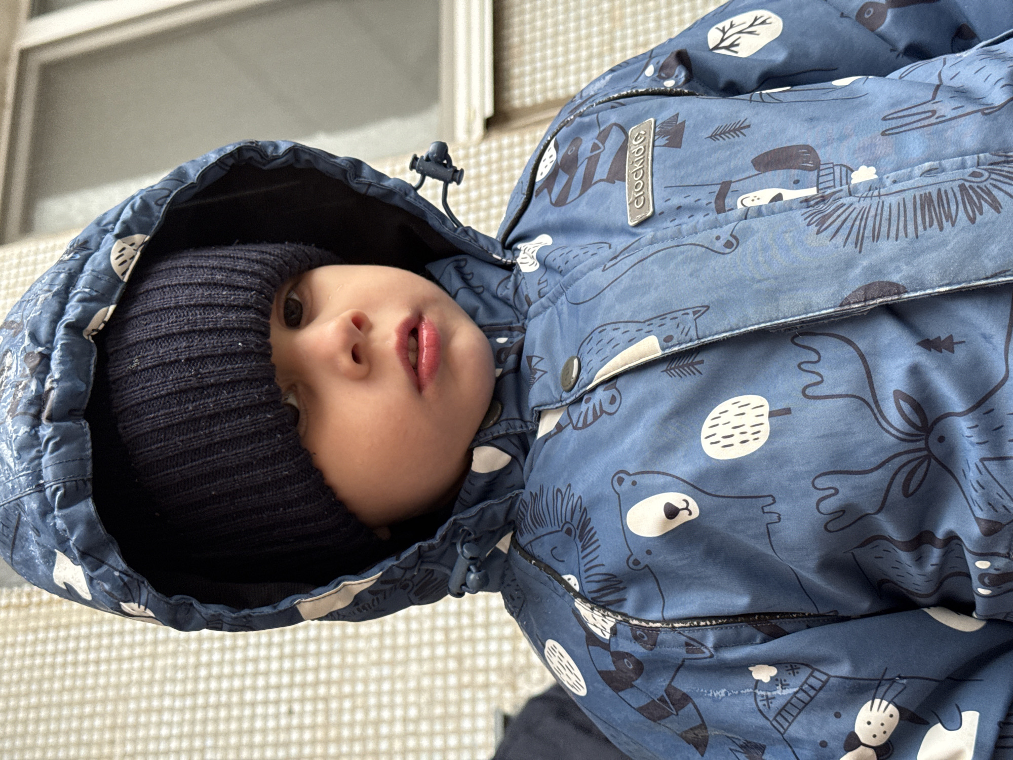 A young child wearing a dark blue knit cap and a blue patterned hooded jacket is the primary focus. The jacket features an all-over print of stylized bears, trees, and other nature-themed designs. The brand name "Crockid" is visible on a tag on the jacket. The child's face is visible, showing fair skin, light-colored eyes, and slightly parted lips. The child is looking off-camera. The background appears to be an out-of-focus exterior, with light-colored, textured tiles visible. The image is oriented at an angle. The location of the photo is Chaikovsky, Russia.