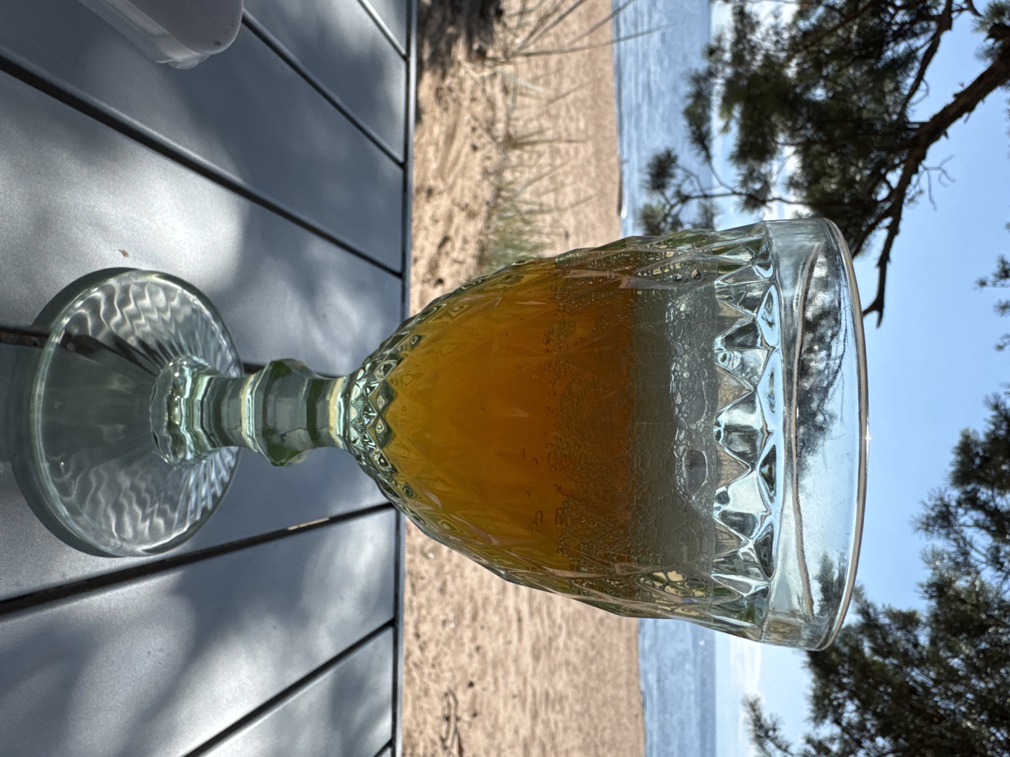 A close-up shot focuses on a glass of golden-colored beverage, likely beer, resting on a grey slatted table. The glass is ornate with a diamond-like pattern and filled with frothy liquid. In the background, a sandy beach meets the calm, blue water of a lake or sea under a bright, clear sky. The branch of a conifer tree with needles overhangs the scene from the top left. The setting appears to be outdoors, possibly at a lakeside cafe or a beachside location in Zelenaya Roshcha, Russia, given the context provided.