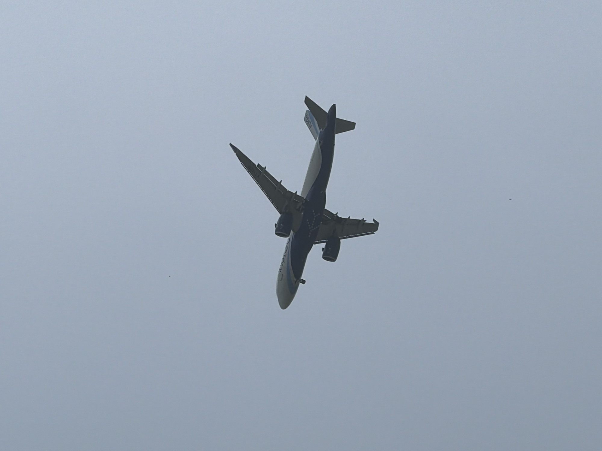 An indigo airline passenger jet, identified by the "IndiGo" logo on its tail, is captured in flight against a pale, overcast sky. The aircraft is viewed from below, with its wings angled upwards and its landing gear extended, suggesting it is either ascending after takeoff or descending for landing. The plane's fuselage is primarily white with blue accents. Two engines are visible, one under each wing. The overall scene is devoid of any other prominent objects or subjects, with only a few tiny specks that could be distant birds or aircraft. The image does not provide specific geographical markers to pinpoint a location within Delhi, India, but the presence of a large passenger jet implies proximity to an airport.