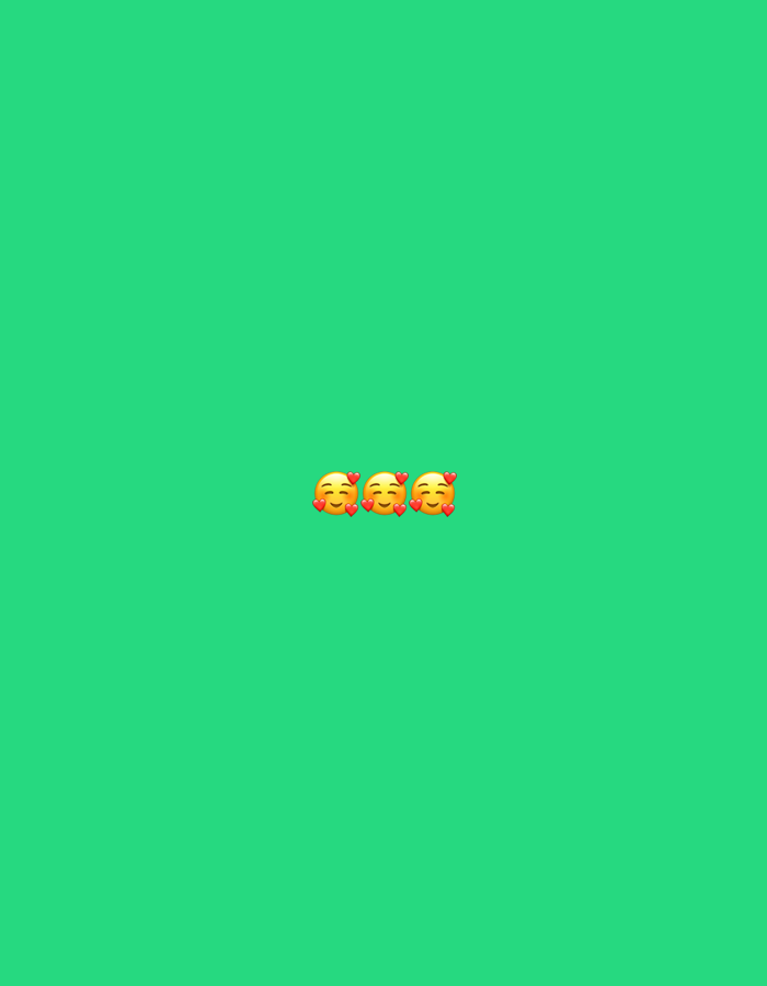 Three yellow emojis with closed eyes and red hearts floating around them are displayed horizontally on a solid green background. The emojis are identical and positioned in the center of the image.