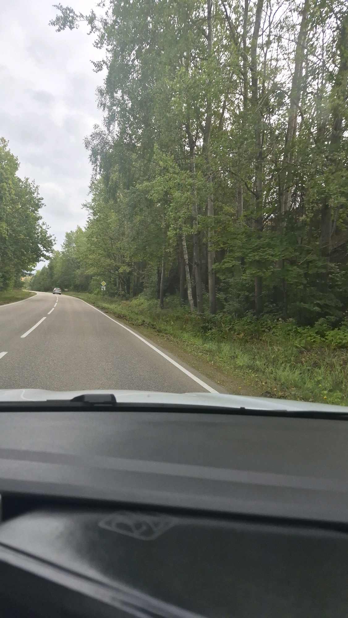 The image shows a view from the interior of a car driving on a paved road surrounded by trees. The road curves to the left, with a white line marking the center and a white line on the right edge. A silver car is visible in the distance on the left side of the road. A yellow road sign with a black symbol is present on the right side of the road. The sky is overcast. The foreground of the image shows the dashboard of the car. The location is Pļaviņas, Latvia.