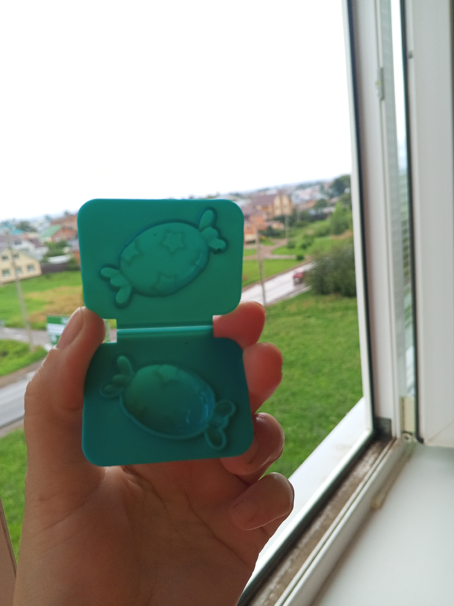 A hand holds an open, teal-colored plastic case with two candy-shaped impressions. The case is positioned in front of a window, with a blurred background of houses, a road with a red car, and green grass. The scene appears to be outdoors, likely on a cloudy day. The city of Chistopol, Russia is not visible in the image.