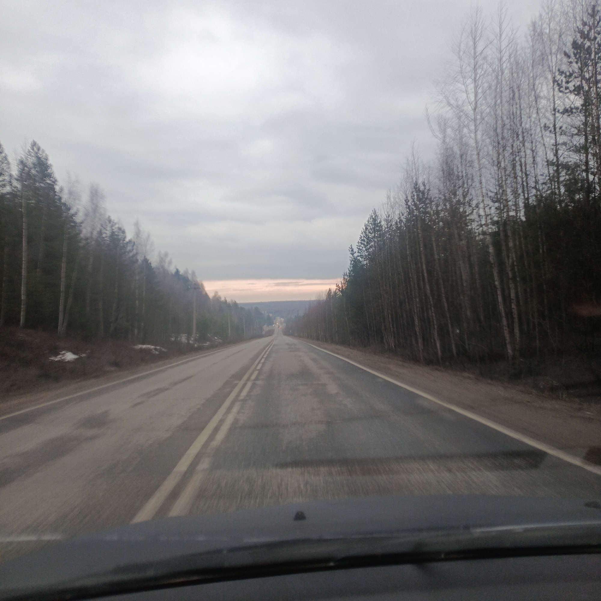 The image shows a two-lane asphalt road stretching into the distance, flanked by dense forests on either side. The location is likely the city of Chaikovsky, Russia. The sky is overcast with grey clouds. The trees are a mix of evergreens and bare-branched trees. The road surface is wet and reflects the overcast sky. The image is taken from inside a vehicle, with the dashboard visible in the foreground. There are no people visible. The overall environment suggests a rural or remote location. The scene appears still and without immediate action.