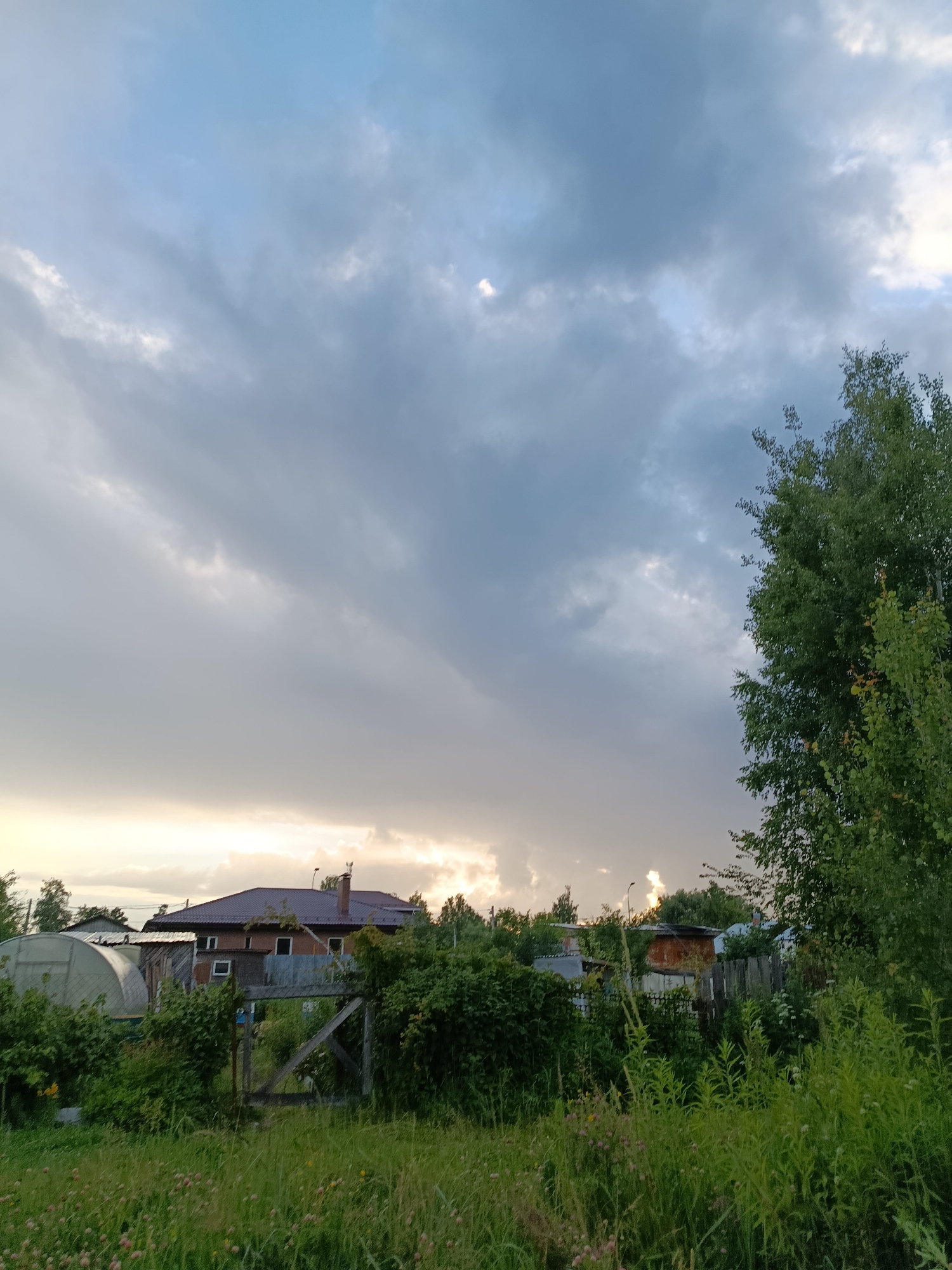This is a landscape photograph taken in Vareya, Russia. The image captures a cloudy sky with a mix of light and dark gray clouds, suggesting an overcast or approaching storm. The sun is attempting to break through in the distance, casting a soft, warm glow on the horizon, indicating either early morning or late afternoon.
In the foreground, a lush, overgrown meadow with wildflowers and tall grasses stretches across the bottom of the frame. Behind the meadow, a rustic wooden fence and gate are visible, leading into a garden area. Beyond the gate, there are various structures, including a greenhouse with a curved, translucent roof, a brick house with a dark, sloped roof and visible windows, and other smaller outbuildings and fences. Dense green bushes and trees surround the buildings, contributing to a sense of a rural or suburban setting, possibly a dacha or country home. A tall, leafy tree is prominent on the right side of the image, its branches reaching towards the sky. The overall mood is serene and natural, with a hint of dramatic weather. There is no visible text in the image.