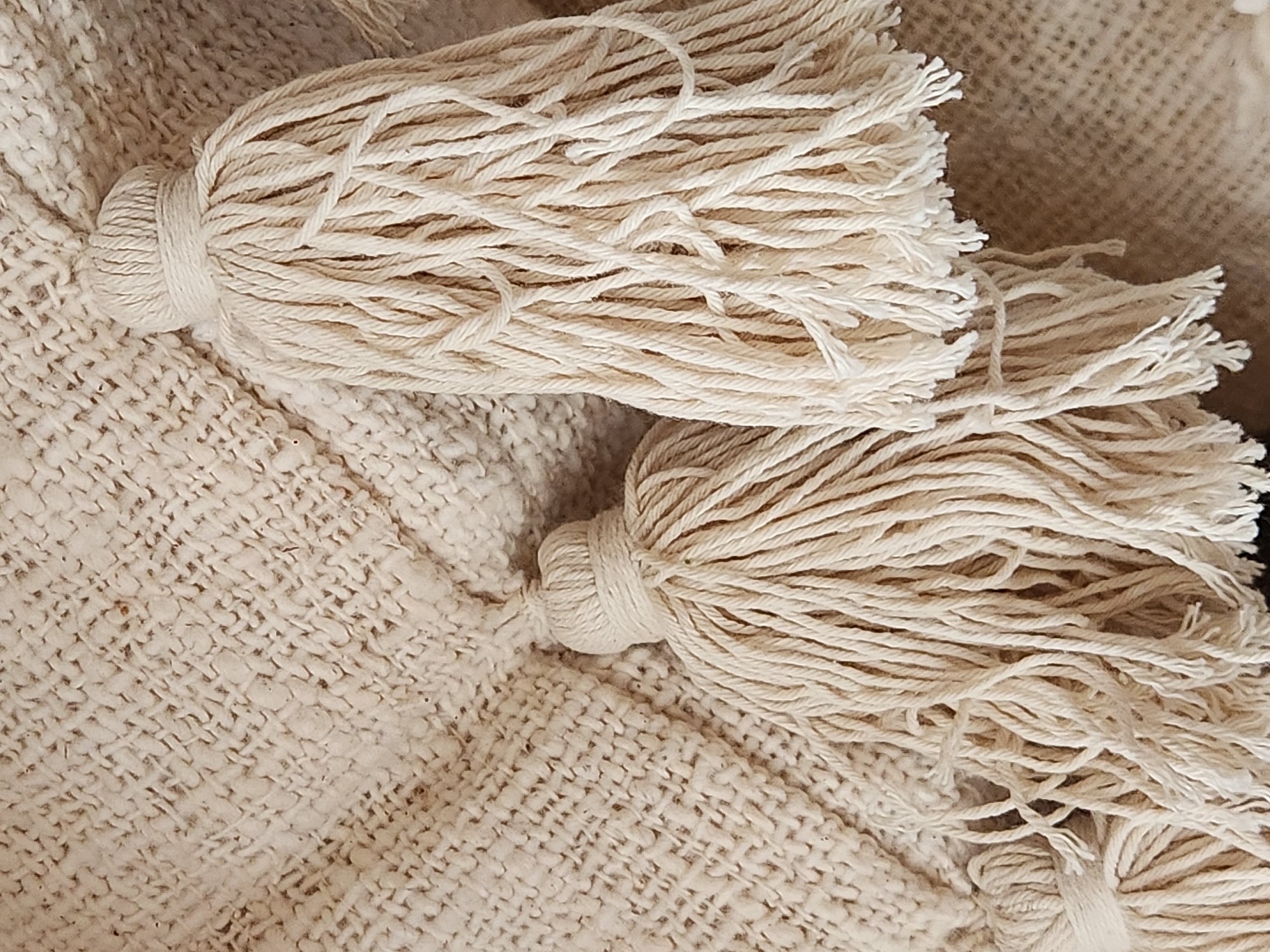 The image is a close-up, high-angle shot of two cream-colored tassels on a cream-colored textured fabric. The tassels are made of thick, twisted yarn, with one tassel appearing larger and more to the right of the frame, and the other smaller and to the left. The fabric has a woven texture with visible threads and some small bumps or knots. The lighting is soft and diffused, casting no harsh shadows. There are no people, animals, or any indication of a specific location, including Maitland, United States of America. The scene is purely focused on the textile details.