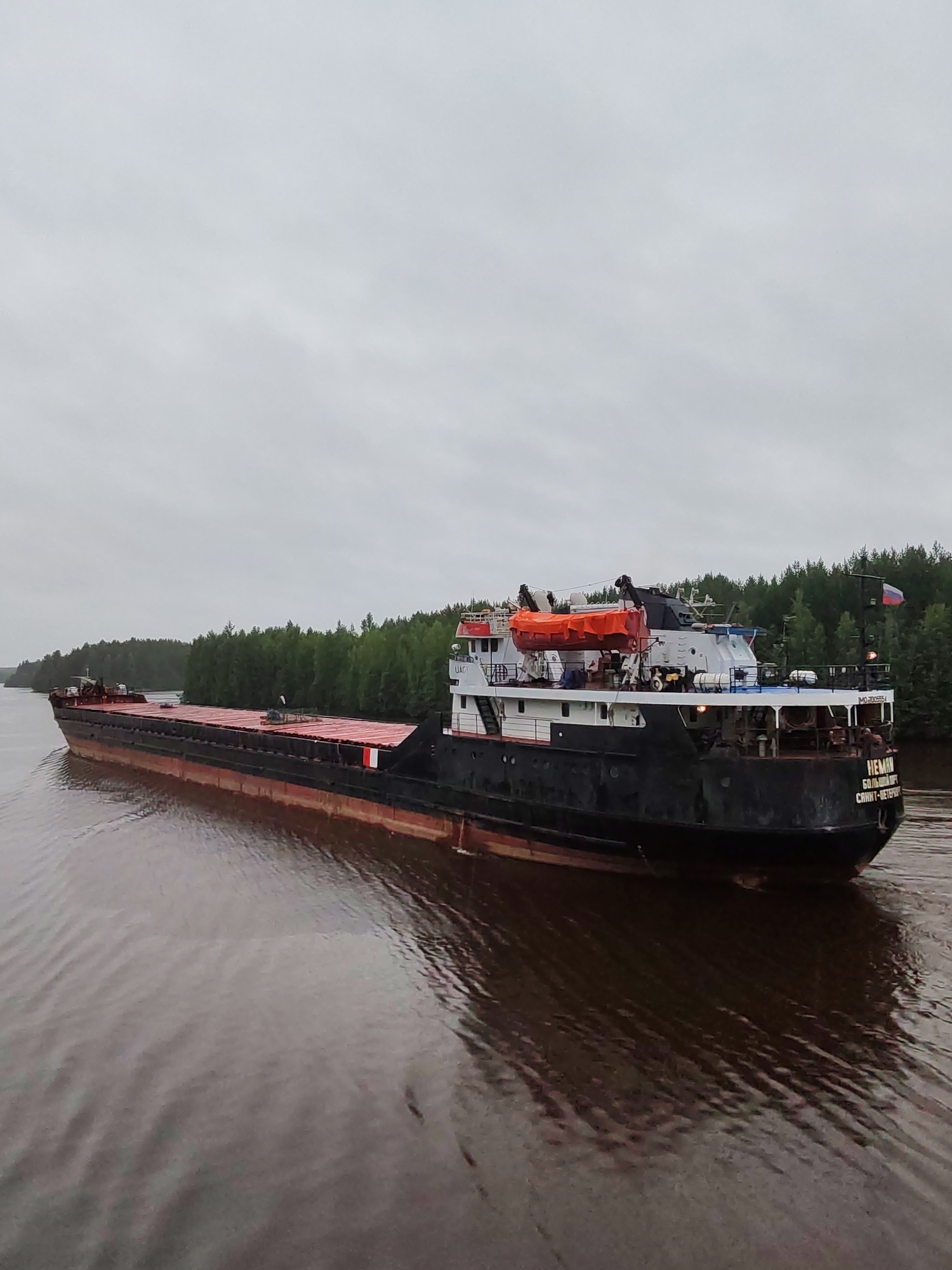A bargeship named "NEMANO" is sailing on a dark, calm river under an overcast sky. The barge is long and flat with a black hull and a red stripe along its side. The barge is carrying cargo under a red tarpaulin. The barge has a white superstructure with a red roof. There is an orange life raft attached to the superstructure. The barge is moving from left to right in the frame. On the right side of the superstructure, there is text that reads "NEMANO" in large letters, and below that, "CANT-NETEPB". The barge is passing a densely wooded forest that lines the riverbank. The water is reflecting the overcast sky and the trees, creating a muted and slightly blurry image. The scene appears to be in a rural or natural setting, possibly in Devyatiny, Russia, given the text on the barge. There are no people visible in the image. The overall impression is one of a calm, perhaps somber, day on the water.