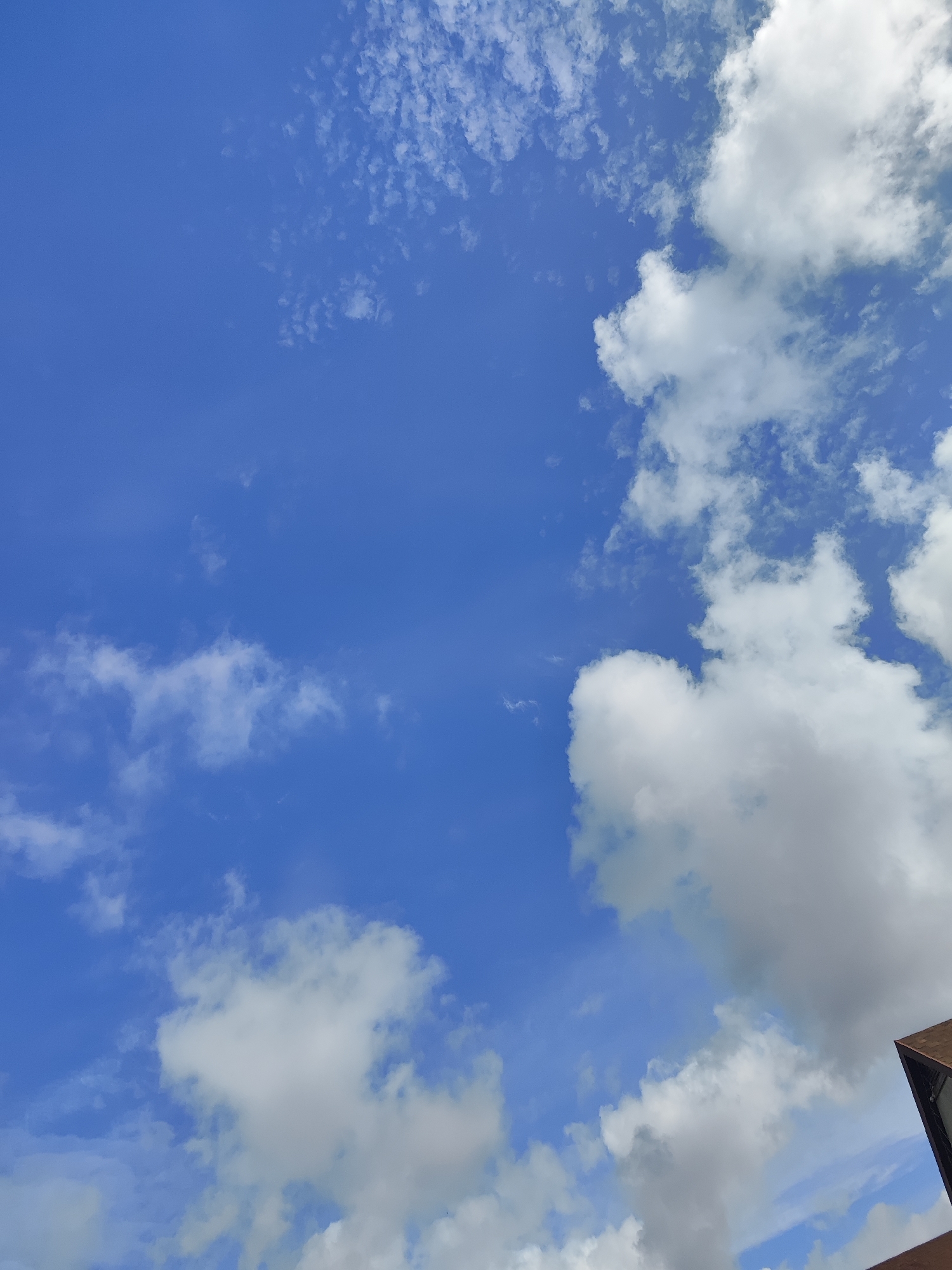 The image shows a bright blue sky with scattered white clouds. The clouds are fluffy and varied in size, with some appearing thin and wispy, while others are large and voluminous. In the lower right corner, the edge of a brown roof is visible, suggesting the presence of a building. The overall scene appears to be an outdoor view, likely from ground level, looking upwards. There is no indication of the city of Gvardeysk, Russia, in the image itself.