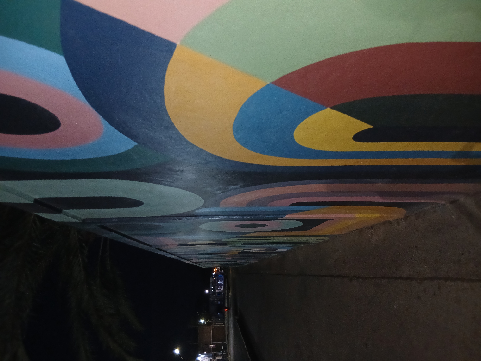 The image captures the underside of an elevated structure, likely a bridge or overpass, at night in Juan Griego, Venezuela. The overhead surface is adorned with a vibrant, abstract mural featuring large, curvilinear geometric shapes and concentric arcs. The color palette includes dark blue, light blue, pink, yellow, green, red, black, and light green/teal, creating a modern and dynamic artistic display.
The perspective looks upwards and along the structure. To the left, the scene recedes into darkness, revealing a nighttime setting. Silhouetted against the dark sky are the fronds of palm trees, indicating a tropical location. Further in the distance, streetlights illuminate a road and faint architectural outlines of buildings, suggesting a town or urban area. A single red light, possibly a vehicle's taillight or a distant signal, is visible. On the right side of the frame, a dark, textured concrete wall or support structure runs parallel to the painted underside.
The image depicts a static scene, focusing on the visual contrast between the brightly colored mural and the subdued, dark surroundings of the night. No specific activity or event is taking place, and there is no visible text.