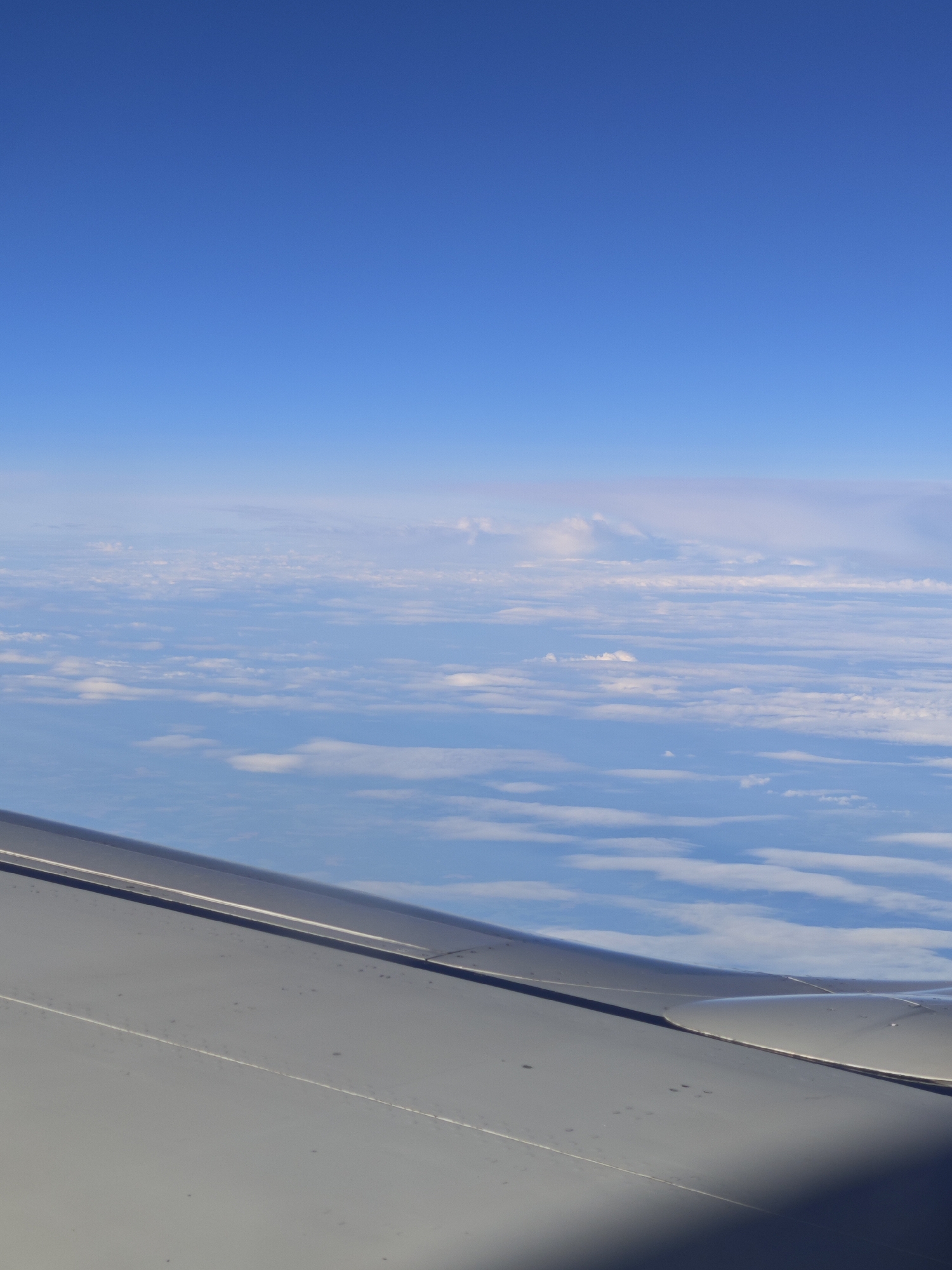 An aerial view captures a clear blue sky above a layer of fluffy white clouds. The lower portion of the image features the wing of an airplane, a large, gray surface that extends diagonally from the bottom left corner upwards and to the right. The wing shows subtle texture and a few dark specks, possibly debris or imperfections. The horizon is marked by the clear demarcation between the deep blue of the sky and the expanse of clouds below. The scene is serene and suggests a flight in progress during daylight hours.