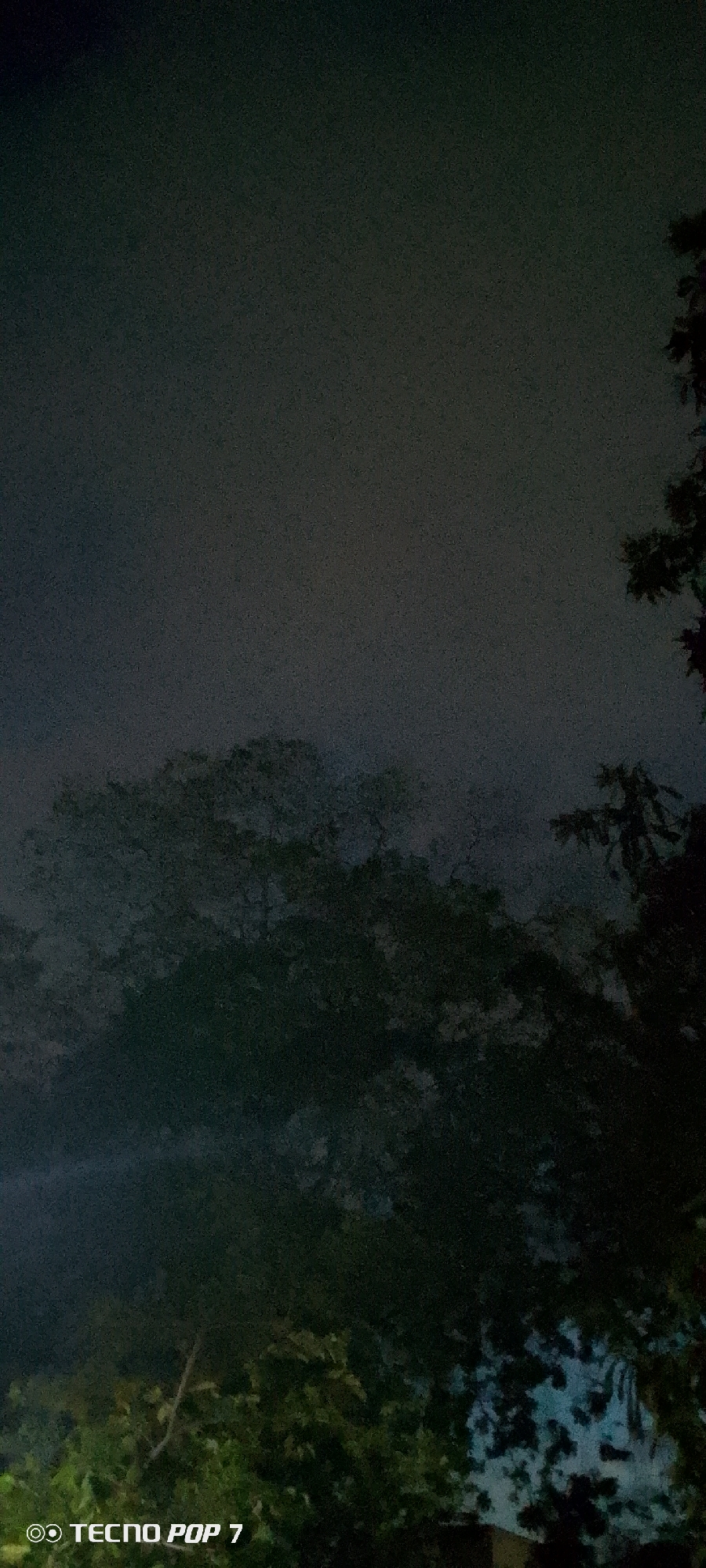 The image depicts a dark, overcast sky above a dense canopy of trees. The foliage appears lush and green, though it is partially obscured by the low light conditions and atmospheric haze. The scene is likely an outdoor environment in Altagracia, Venezuela, given the presence of the "TECNO POP 7" watermark, indicating the device used for capture. The overall impression is one of a natural setting on a dim day.