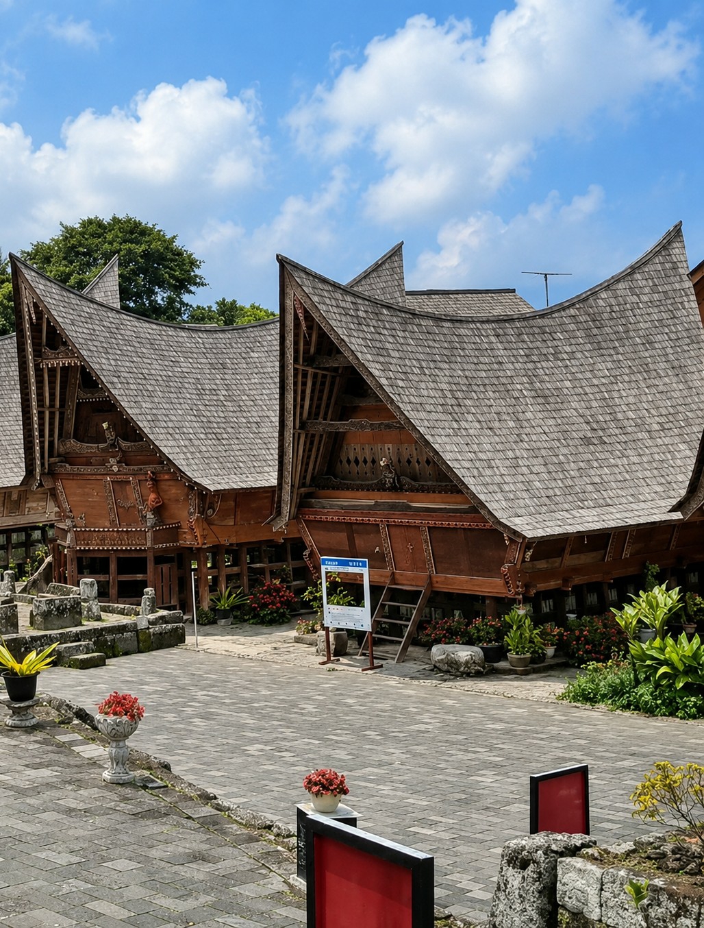 In Ambarita, Indonesia, a traditional Batak house, known as a Rumah Bolon, stands under a blue sky with scattered white clouds. The house features a distinctive, steeply pitched roof covered in weathered wooden shingles, rising to a dramatic peak resembling buffalo horns. The exterior is constructed of dark wood, with intricate carvings visible along the eaves and walls. The house is elevated on stilts, with a wooden staircase leading up to the entrance.
In front of the house, a paved courtyard is laid with grey interlocking bricks. A few potted plants with green and yellow foliage are placed around the courtyard, along with stone elements that appear to be part of a historical site. A white sign with blue and black text stands near the entrance of the house. The surrounding area is lush with greenery, suggesting a well-maintained park or historical complex. The overall scene conveys a sense of cultural heritage and architectural distinctiveness.