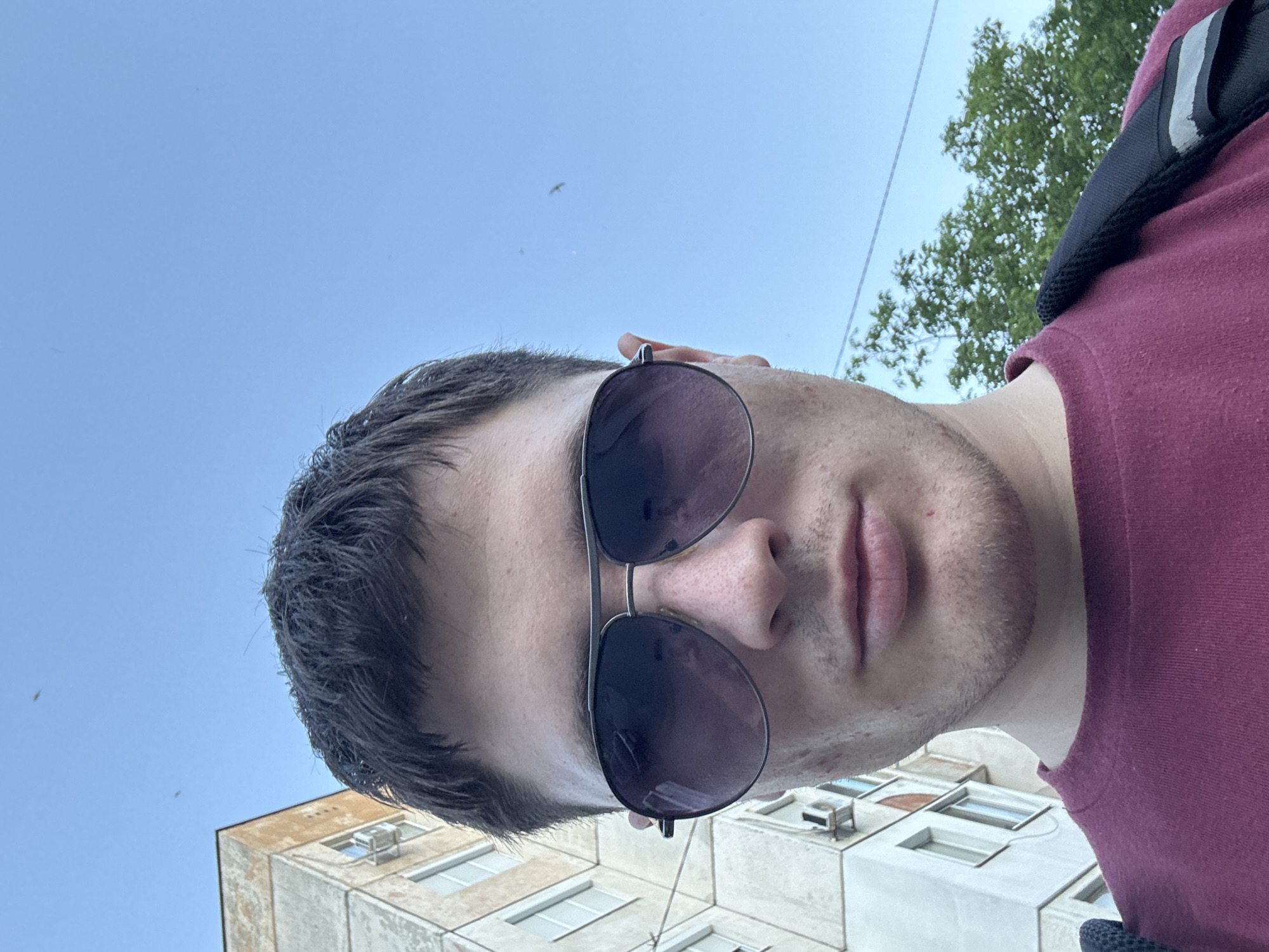 A close-up, front-facing selfie shows a young Caucasian male from the chest up, outdoors with a building and trees in the background under a clear blue sky. The subject is wearing aviator sunglasses with dark lenses and a maroon t-shirt. He has short, dark brown hair and a faint stubble on his chin and upper lip. A black backpack strap is visible over his right shoulder. The building in the background appears to be a multi-story apartment complex with visible air conditioning units. Trees and foliage are seen to the right of the subject. Two distant birds are visible in the sky. The image appears to be taken on a street in Stara Zagora, Bulgaria.