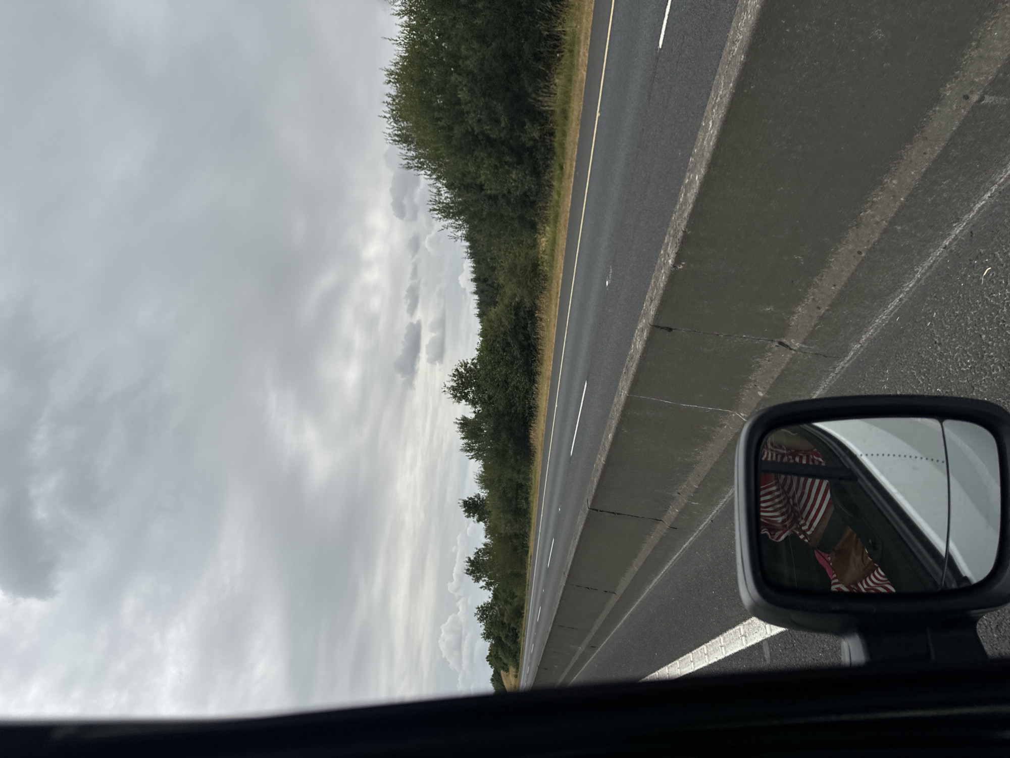 The image shows a view from a vehicle driving on a highway. In the foreground, a wing mirror reflects a person wearing a striped shirt and a brown bag. The highway stretches into the distance, with a concrete barrier separating lanes and a line of trees and vegetation on the right side of the road. The sky is overcast with heavy clouds. The location is the N59 road near Kilgowan Cottages, County Kerry, Ireland.