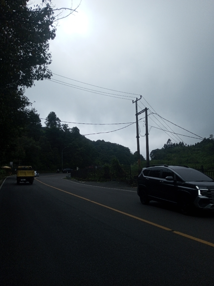 A curving asphalt road, marked with a yellow dividing line, winds past dark green foliage under a cloudy sky. A black SUV sits on the right, while a yellow truck is further down the road on the left. Utility poles with power lines stretch across the landscape. The scene evokes a sense of a rural road on a cloudy day.