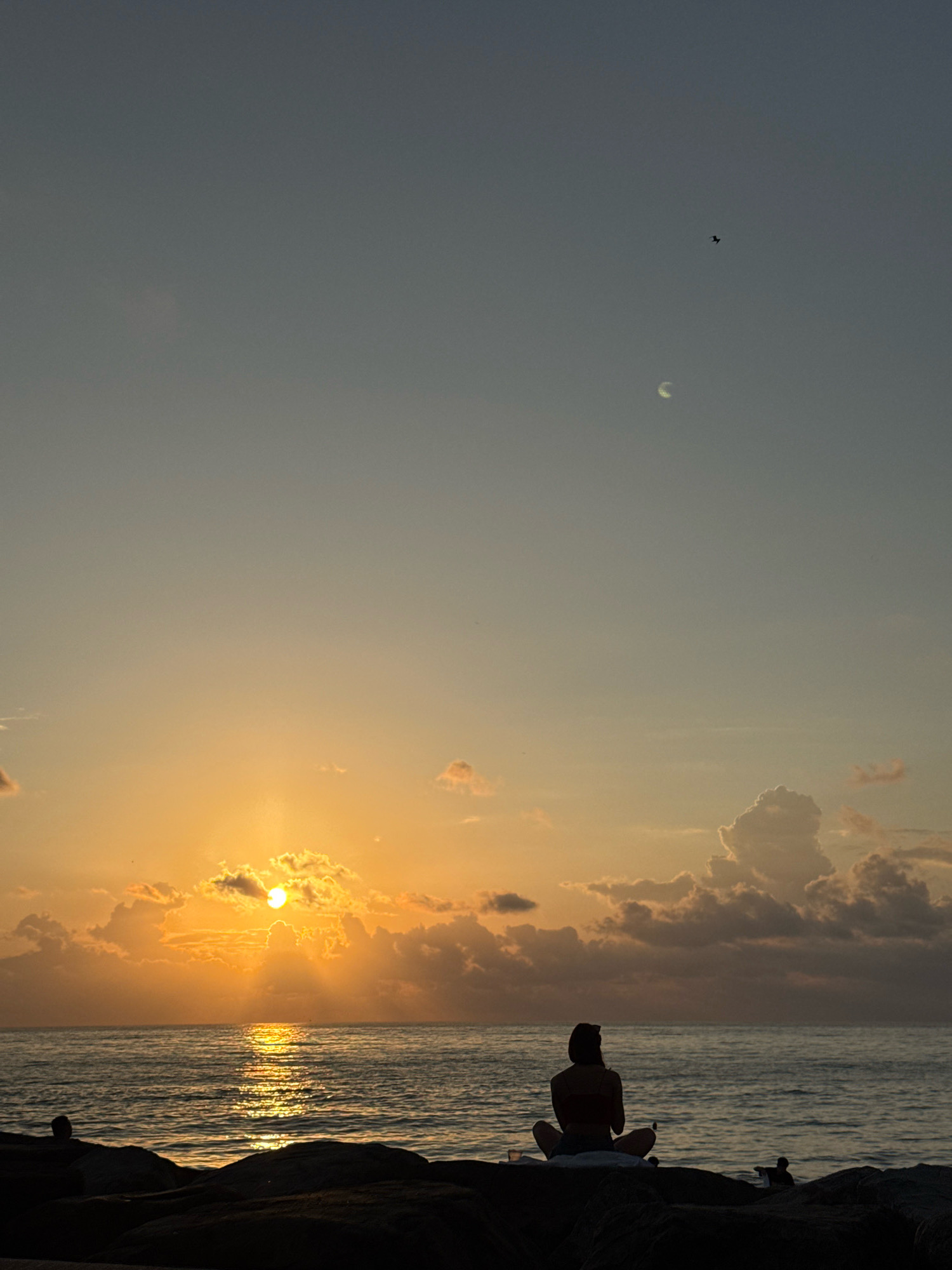 The image captures a serene sunrise over the Black Sea, viewed from the rocky shore of Batumi, Georgia. A lone individual, silhouetted against the warm glow of the rising sun, sits cross-legged on the rocks, facing the ocean. The sun, partially obscured by clouds, casts a shimmering path of light across the calm water. In the distance, a faint crescent moon is visible in the pale sky, along with a small bird in flight. The shoreline is lined with dark, irregular rocks, providing a natural, rugged foreground. The overall atmosphere is one of peaceful contemplation and the quiet beauty of dawn.