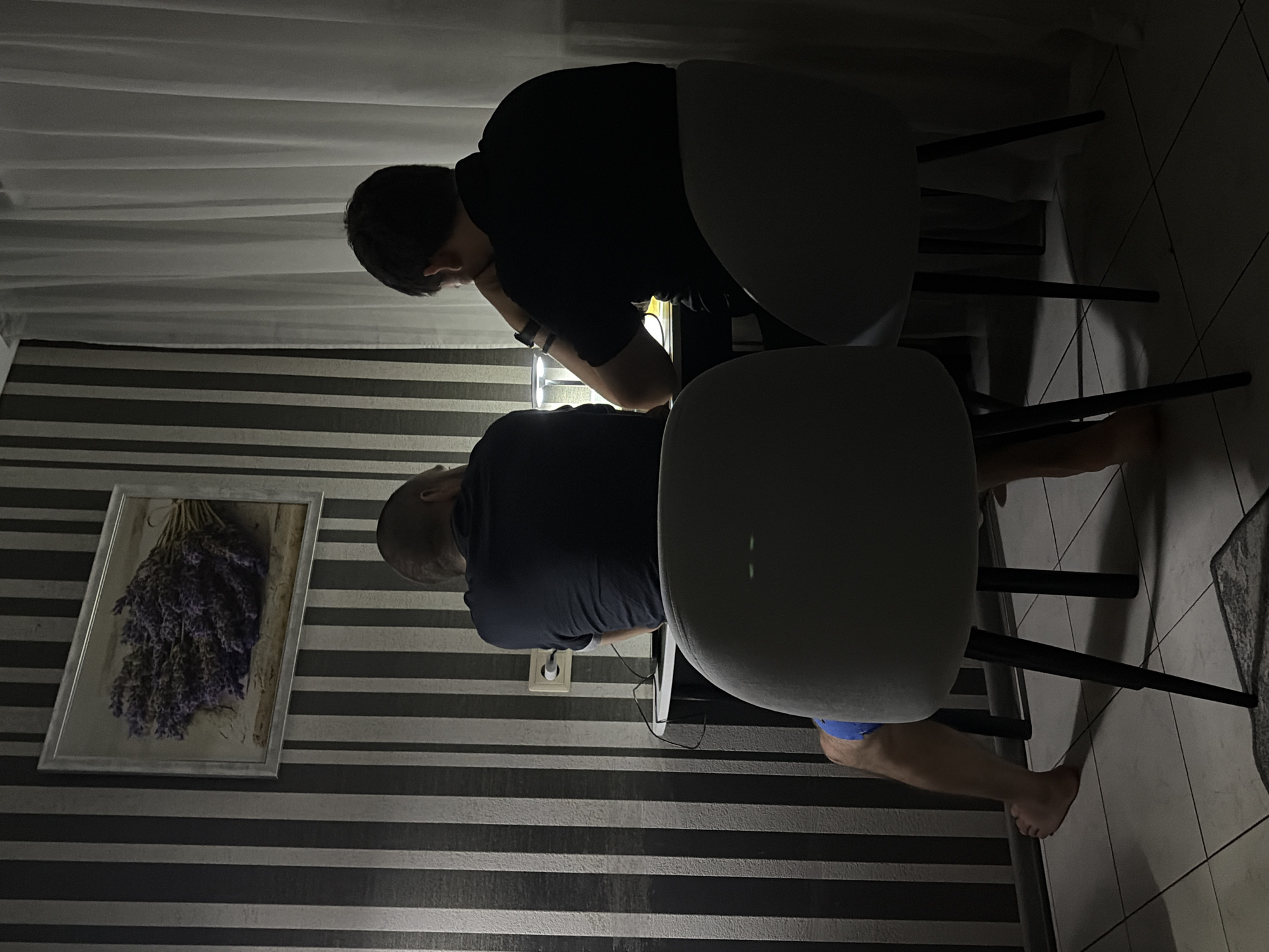 The image depicts two individuals seated at a desk in what appears to be a room with striped wallpaper and sheer white curtains. The person on the left, viewed from the back, has a shaved head and is wearing a dark t-shirt and blue shorts. They are leaning forward, with their right hand near their face. The person on the right, also viewed from the back, is wearing a black polo shirt and is resting their chin on their hand. Both individuals appear to be engaged with something on the desk, though it is not clearly visible. A lamp is positioned on the desk, casting light. A framed picture of a lavender bouquet hangs on the wall. The floor is tiled. The scene is dimly lit, with the primary light source appearing to be the desk lamp. There is no visual information within the image to suggest a specific location in Sochi, Russia.