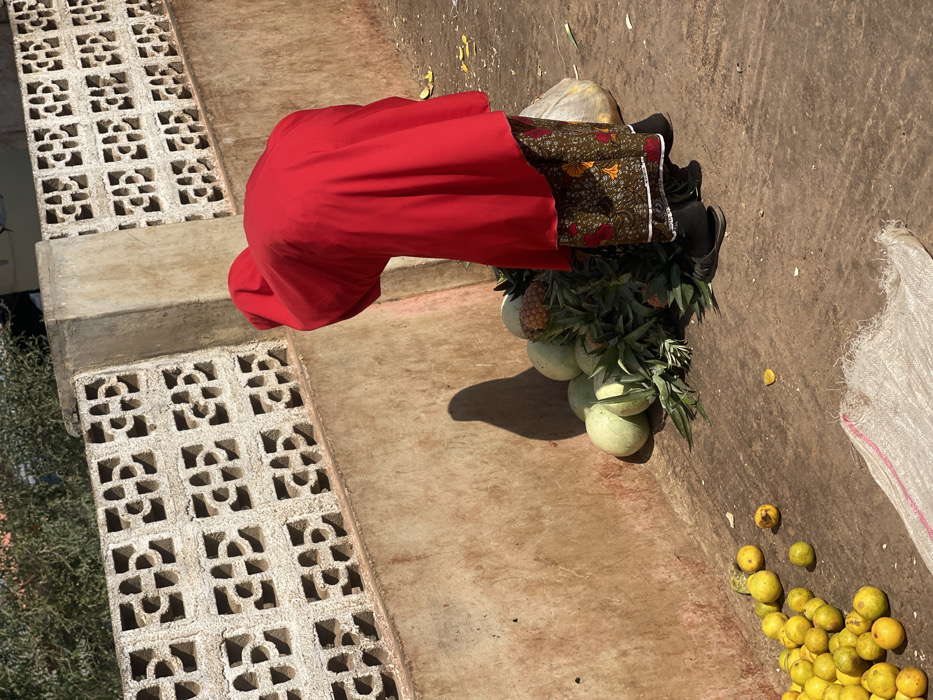 The scene depicts an individual tending to a fruit display on an unpaved surface in Samaru, Nigeria. A person, viewed from the back, is bending forward, clad in a vivid red head and upper body covering, revealing a patterned skirt with floral or abstract motifs in green, red, and yellow, dark socks, and dark open-toed sandals. They are positioned beside a small mound of produce comprising several light green watermelons and a cluster of green-leafed pineapples. To the left, a collection of numerous small, round, yellow-orange citrus fruits is scattered on the ground, with some exhibiting minor discoloration. A white, woven sack or mat is partially visible on the ground in the bottom-left foreground. The background features a textured, light brown wall, topped by a weathered light grey concrete block fence with repeating decorative cutouts. Green foliage is visible above the fence. The area is brightly illuminated by direct sunlight, casting a distinct shadow of the person onto the wall to the left of the produce. A crumpled, light-colored bag is visible behind the individual's right leg.