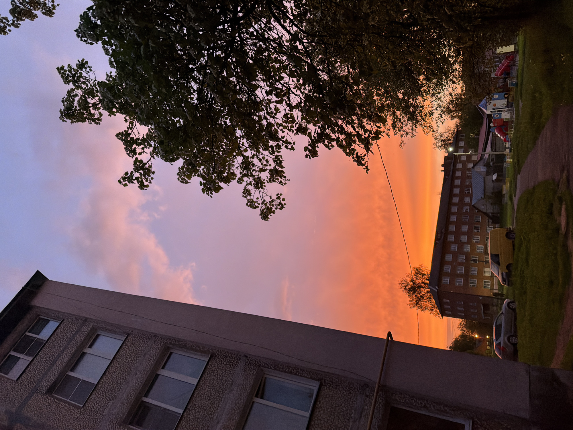 The image depicts a cityscape in Reshetnikovo, Russia, during twilight. The sky exhibits a gradient of colors, transitioning from orange near the horizon to purple and pink in the upper portions. Two trees with dense foliage frame the top of the image. A concrete building is visible in the lower left, with a textured exterior and several windows. In the background, another multi-story building can be seen, along with parked cars and patches of grass. A playground structure is partially visible on the right. A vertical pipe runs down the right side of the building in the lower left corner. The image is slightly tilted.