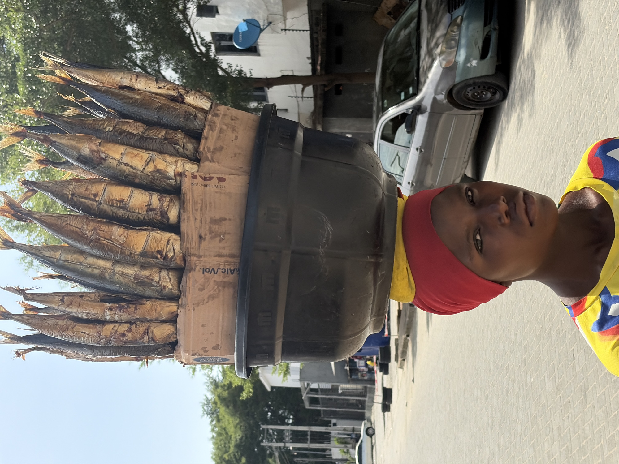 A woman stands in Igboefon, Nigeria, holding a stack of smoked fish on her head, secured by a black container and cardboard boxes. She wears a red headscarf and a yellow and blue patterned shirt. A silver car is parked nearby, and buildings with trees are visible in the background. The scene is captured in daylight.