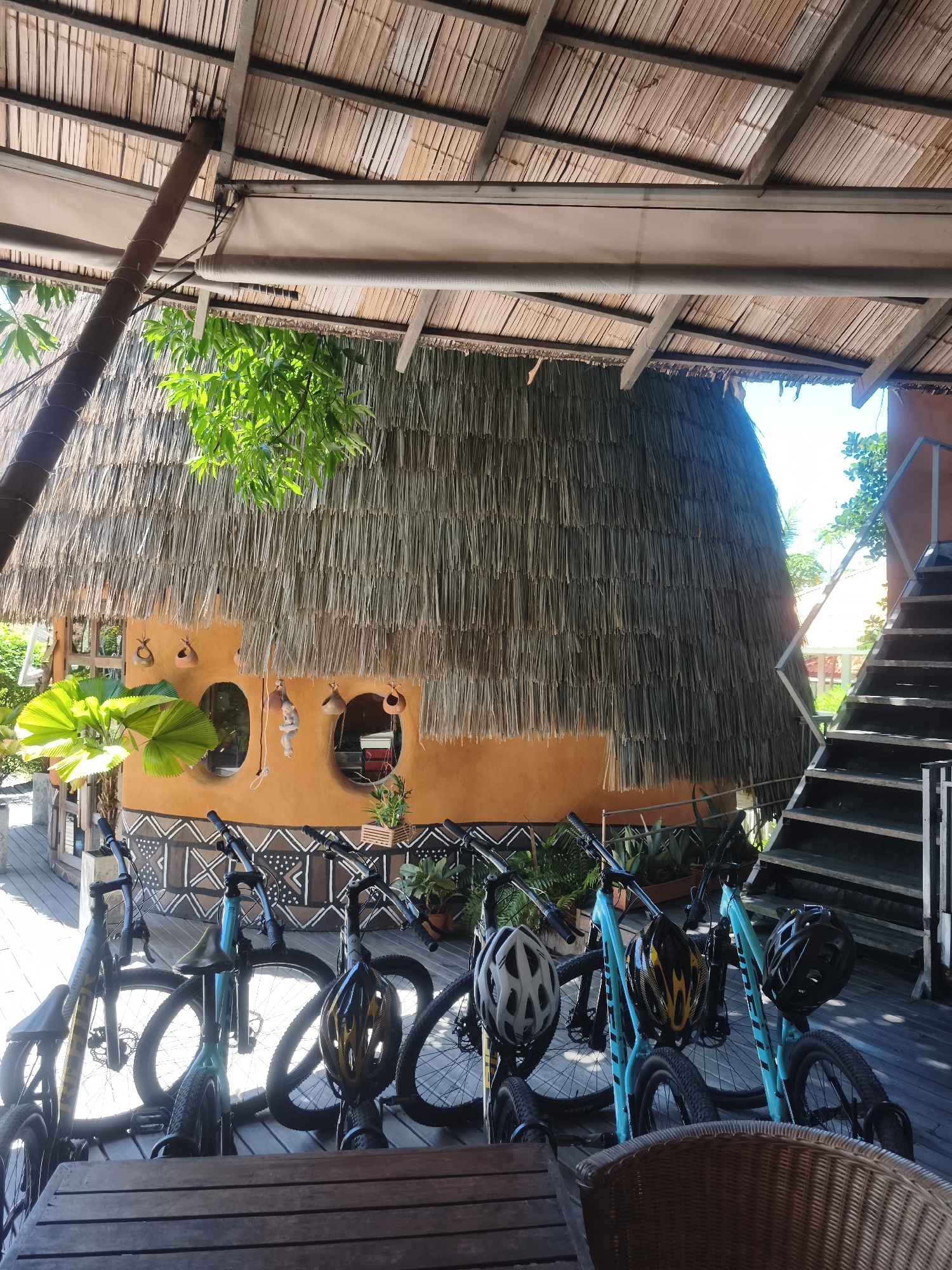 This image depicts an outdoor area with several bicycles lined up on a wooden deck, suggesting a rental service or recreational facility. The backdrop features a building with a thatched roof and an orange, circular-windowed structure adorned with tribal-like patterns. A wooden staircase with metal railings is visible to the right. Lush greenery and a palm tree are integrated into the scene, indicating a tropical or semi-tropical environment, consistent with a location in Baan Thong Po, Thailand. No people are present in the image. The bicycles appear to be mountain bikes, some equipped with helmets. The overall scene conveys a relaxed, possibly resort-like atmosphere.