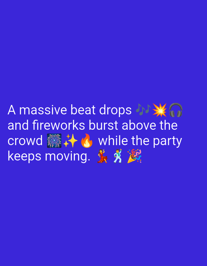The image displays white text overlaid on a solid royal blue background. The text reads: "A massive beat drops πΆπ₯π§ and fireworks burst above the crowd πβ¨π₯ while the party keeps moving. ππΊπ". The text is positioned in the lower half of the image and is accompanied by several emojis. The emojis depict musical notes, an explosion, headphones, fireworks, sparkles, a flame, a dancing woman, a dancing man, and a party popper. The location of Kebondalem, Indonesia is not depicted or referenced in the image.