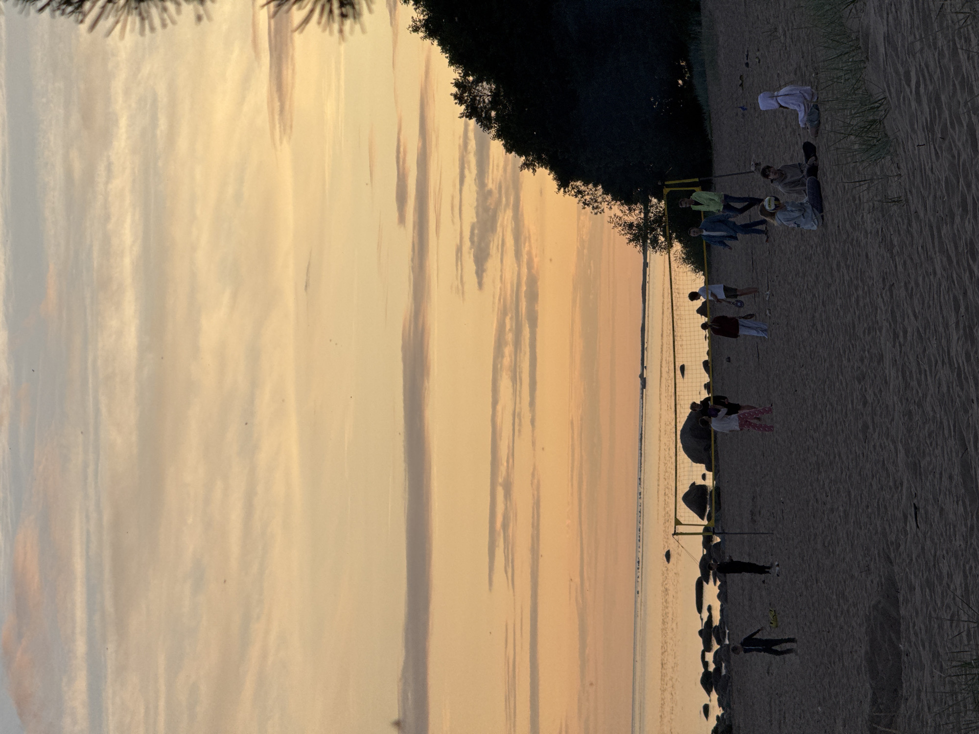 The image depicts a beach scene at dusk in Zelenaya Roshcha, Russia. The sky is filled with soft orange and pink clouds, indicating the setting sun. The sandy beach is populated by several individuals, some actively engaged in a game of volleyball near a net. Others are seen sitting on the sand, with one person holding a volleyball. In the background, the calm sea stretches towards the horizon, dotted with rocks along the shoreline. A dense, dark green treeline borders the right side of the beach, creating a silhouette against the illuminated sky.