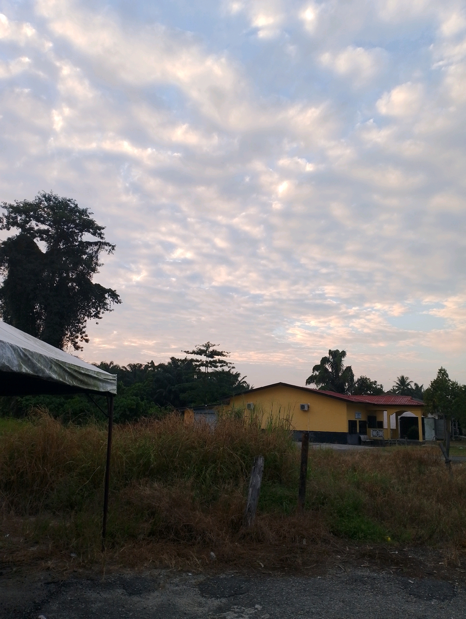 The image depicts an outdoor scene at Kampung Gajah, Malaysia, under a sky filled with scattered clouds. In the foreground, a portion of a white tarp shelter is visible on the left, supported by a dark pole. Beyond the shelter, tall, dry grass and other vegetation cover the ground. To the right of the grass, a low-slung, yellow building with a red-tiled roof stands. The building has visible air conditioning units on its exterior and a covered entryway. A wooden fence post is present in front of the building and grass. In the background, dense green trees and foliage are visible, with a very tall, dark tree dominating the left side of the frame. The overall lighting suggests it is either early morning or late afternoon, with a soft, diffused light.