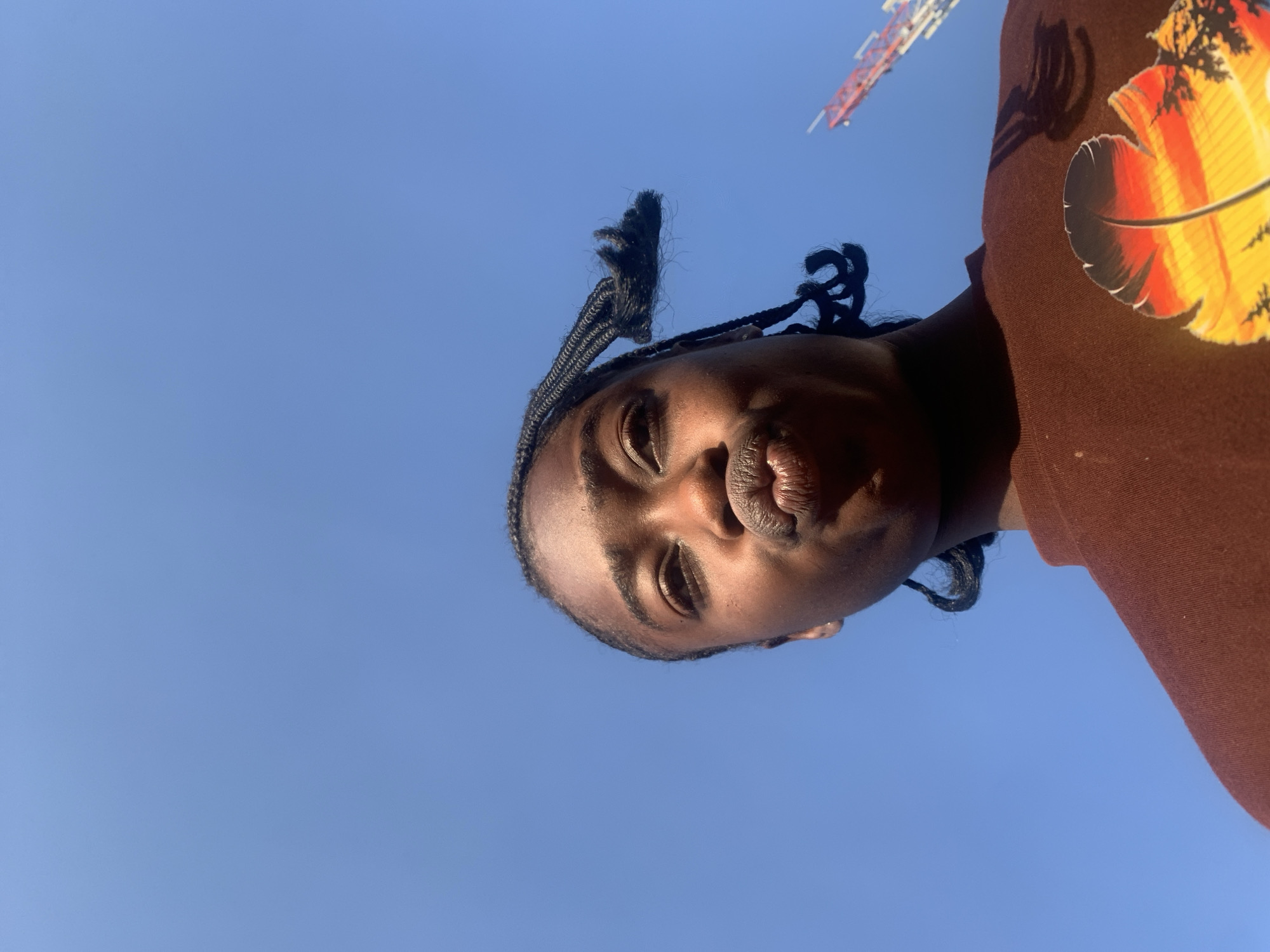 A low-angle, full-frame shot captures a young Black person with braided hair against a clear blue sky. They are wearing a brown t-shirt with a vibrant graphic of a feather and sunset on the lower right. The person is looking upwards, puckering their lips as if for a kiss, with their head tilted back. Sunlight illuminates their face from above. In the upper right corner of the frame, a red and white tower-like structure, possibly a construction crane or part of a fairground ride, is visible against the sky. The scene is outdoors, under a bright sky, suggesting a daytime setting. The background lacks any discernable landmarks that would specifically place it within Rafin Par, Nigeria, as the image primarily features sky and the subject.