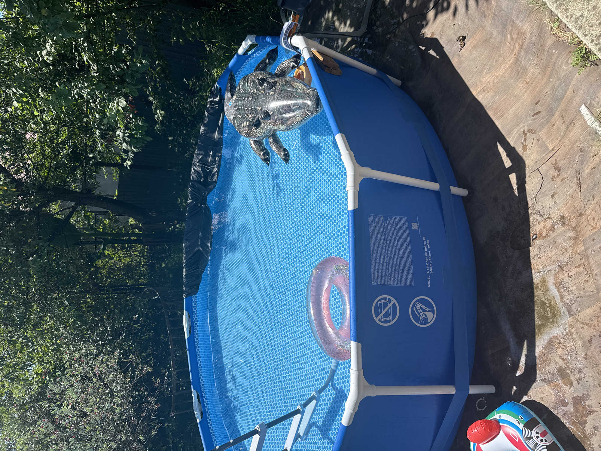 The image shows an above-ground swimming pool filled with blue water, surrounded by greenery. An inflatable alligator is floating in the pool, along with a pink inflatable ring. A ladder is attached to the side of the pool. On the ground next to the pool is a toy boat. The scene appears to be a backyard in a residential area. The lighting suggests it is daytime, likely sunny. There are no people visible in the image. The location is not specified as Sochi, Russia.