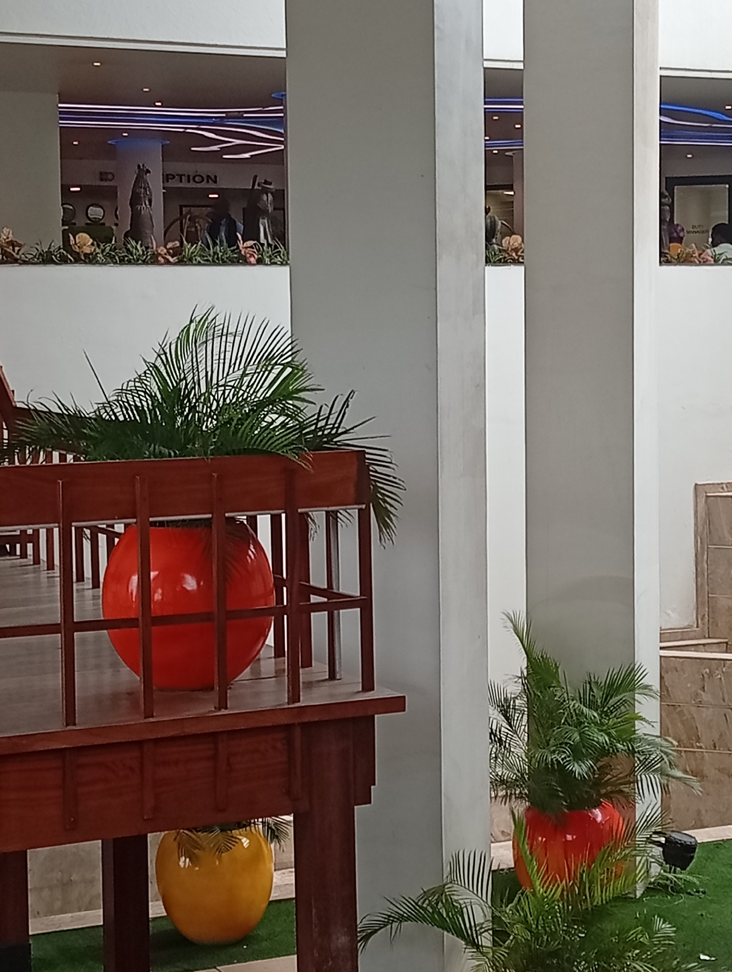 The image depicts an indoor scene at an establishment in Itirin, Nigeria, presumably a hotel or commercial building. The focus is on two plant displays, one elevated on a wooden platform. The upper display features a large, spherical orange pot containing a palm-like plant. Below, a yellow spherical pot is visible. The other display, located at ground level, also contains a similar palm-like plant in an orange pot.
In the background, visible through openings between white pillars, is a reception area with the word "RECEPTION" visible above the service desk. Some people and statues are visible beyond this, and the area is illuminated by blue and white accent lighting. The floor is tiled in brown shades, and there is a patch of artificial green grass between the plant and the tiled floor.