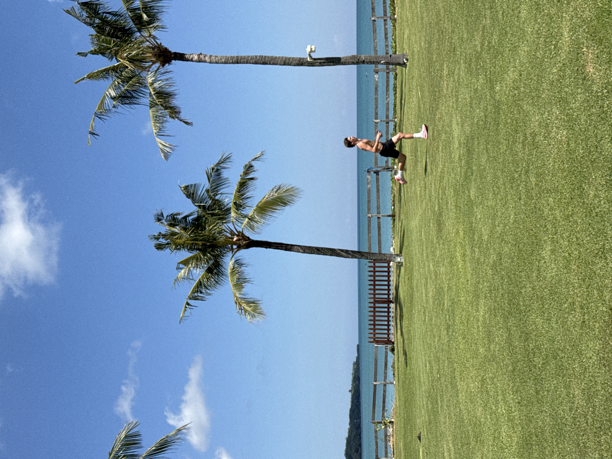 The image shows a tropical outdoor scene, possibly in Kuta Selatan, Indonesia, given the presence of palm trees and a beach setting. A man with dark hair is captured mid-air, seemingly performing a jump or a gymnastic move on a grassy area near the beach. He is wearing dark shorts and light-colored socks and shoes. Two tall palm trees are positioned diagonally across the frame, with a blue sky and some clouds in the background. A wooden fence separates the grassy area from the beach and ocean. The ocean appears calm and blue.