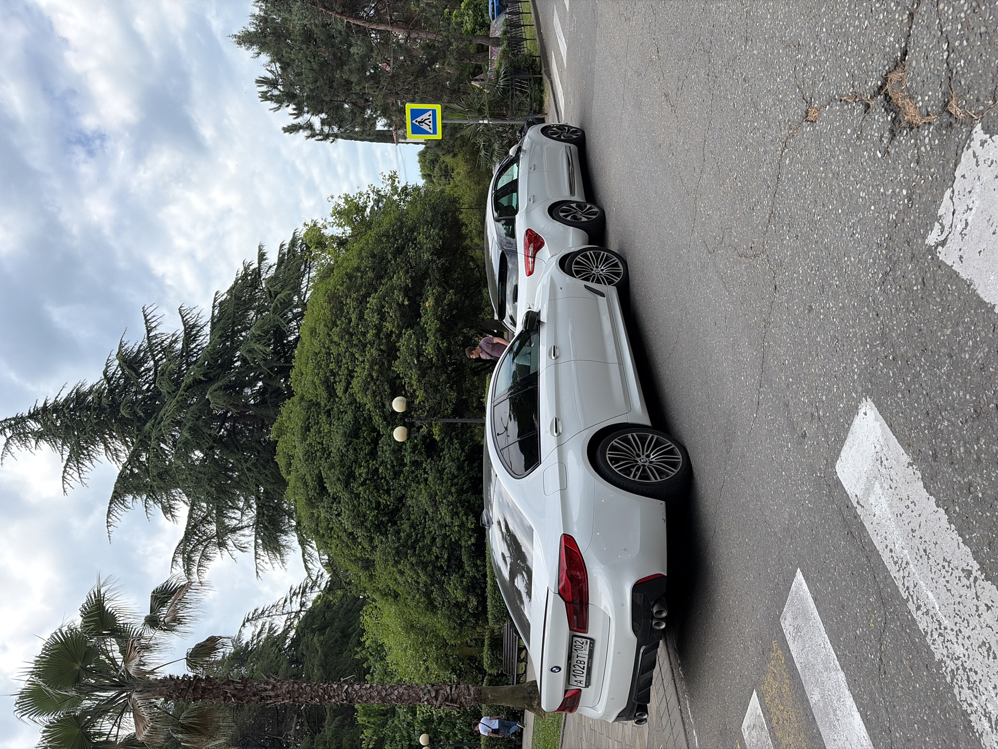 Two white cars, a BMW sedan and a Citroën station wagon, are parked on a street in Sochi, Russia. The BMW is in the foreground, with its rear to the viewer, facing left. The Citroën is parked behind and to the right of the BMW, also facing left. Both cars are white and appear to be clean and in good condition.
The street is paved with asphalt and has white crosswalk lines painted on it. There are trees and lush green bushes lining the street on both sides. A palm tree is visible on the left side of the image, and several tall evergreen trees are on the right. In the background, there is a pedestrian walkway with a bench and lampposts. A person in a white shirt and jeans is walking on the sidewalk on the left. A pedestrian crossing sign is visible on the right side of the image. The sky is cloudy. The overall scene depicts a quiet street in a park-like setting in Sochi.