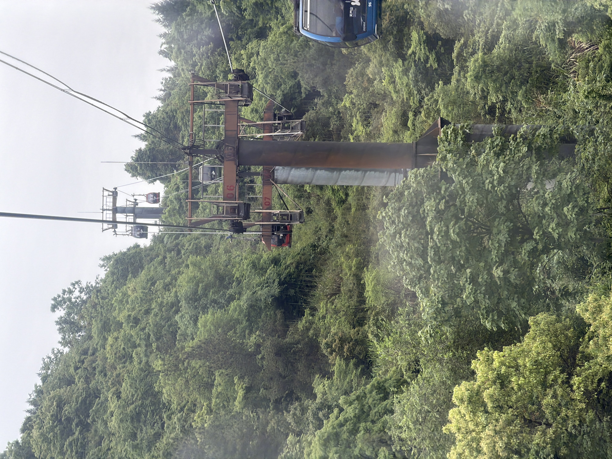The image depicts a portion of the Tianmen Mountain Cable Car in Zhangjiajie, China. The scene shows two cable car support towers amidst dense, green foliage. One blue cable car is visible at the top. The support towers are metallic structures with a vertical post, and horizontal beams. Two red cable cars are also visible between the towers. The sky is overcast.