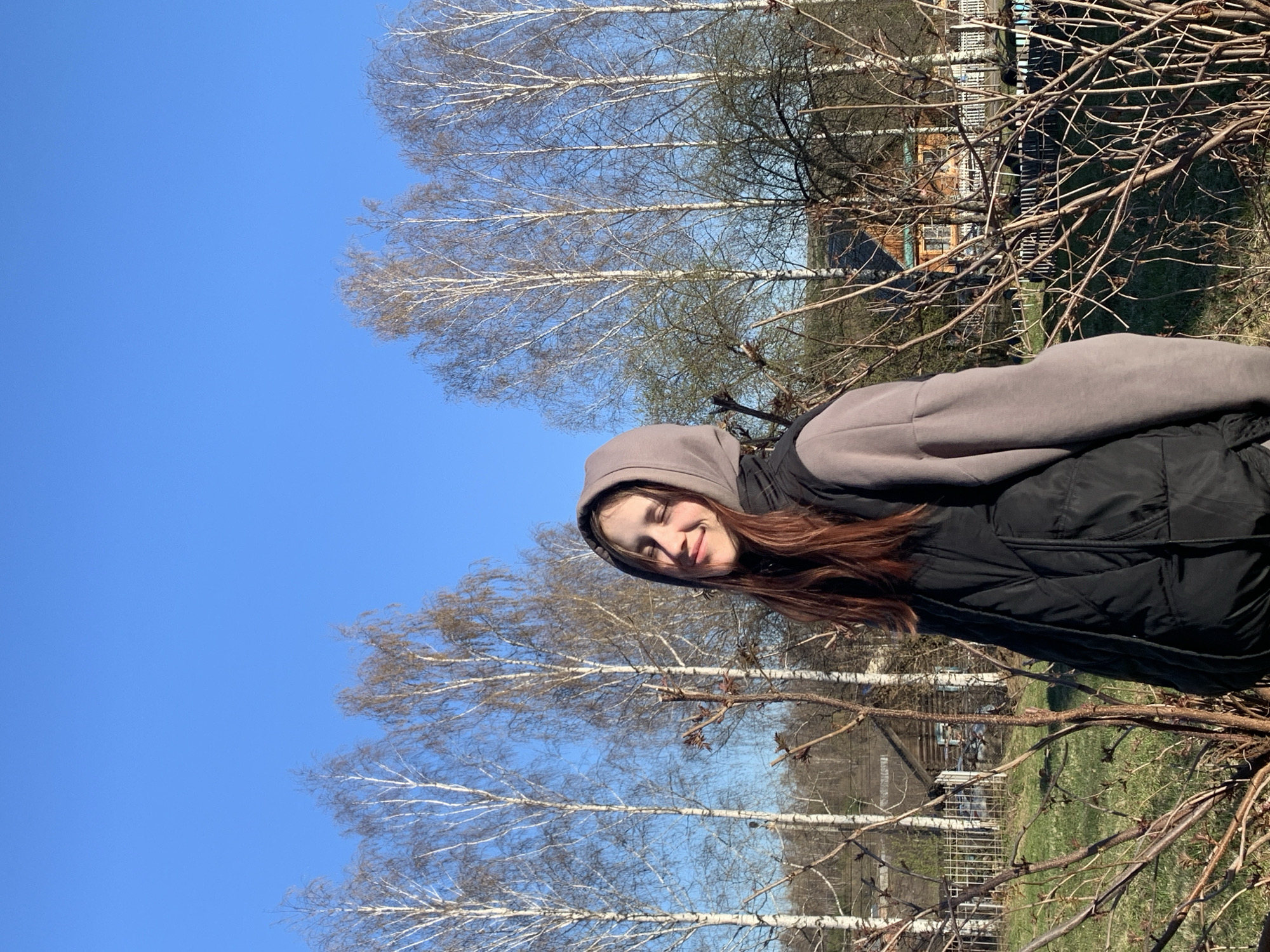 A young woman is captured smiling outdoors on a bright, sunny day. She is positioned on the right side of the frame, looking up and directly at the camera with a happy expression. She has long, reddish-brown hair and is wearing a grey hooded sweatshirt under a black puffer vest or jacket.
Behind her, a line of tall, slender birch trees with distinct white trunks stretches across the middle ground. Their branches are mostly bare, indicating a setting in late winter or early spring before the foliage has fully returned. In the background, to the left, a wooden house with a light-colored roof is partially visible among other trees, alongside what appears to be a metal grid-like fence or structure. The immediate foreground contains bare tree branches and some dry, grassy groundcover. The sky above is a vibrant, clear blue, dominating a significant portion of the upper frame.
The scene suggests a tranquil, rural or semi-rural setting under clear weather conditions, consistent with the provided location hint of Фоки, Russia. No visible text is present in the image.