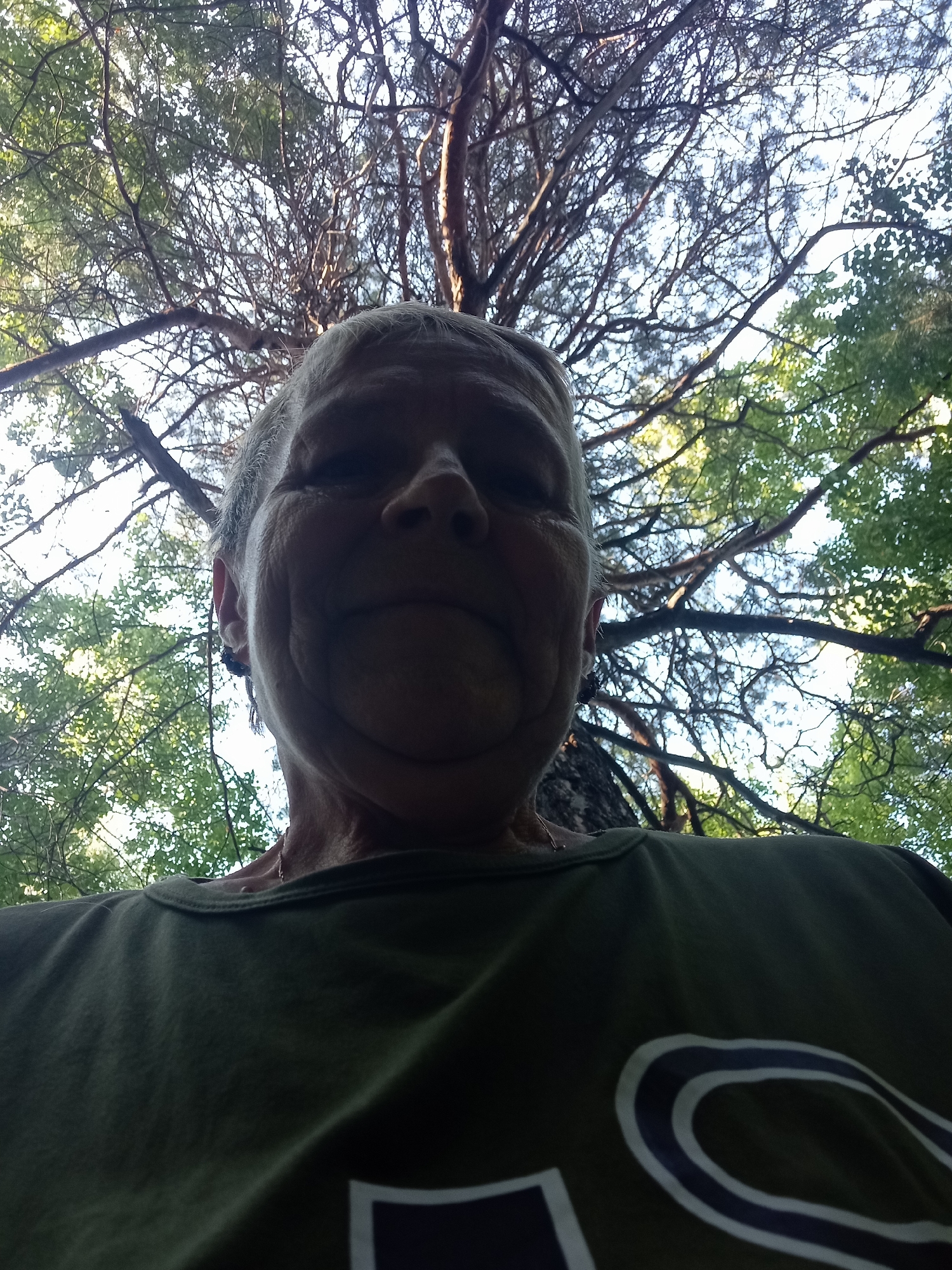 The image is a low-angle, wide shot of a person from the shoulders up, taken outdoors with a blurred background of trees and sky. The person, who appears to be an adult with fair skin and short, light-colored hair, is wearing a dark green t-shirt. The t-shirt has a white and navy blue graphic design on the front, partially visible. The person's head is tilted back, and their face is illuminated from above. The trees in the background are dense and leafy, with sunlight filtering through the branches. There is no specific indication of a city or location within the image itself. The photograph appears to be a selfie taken with a phone.