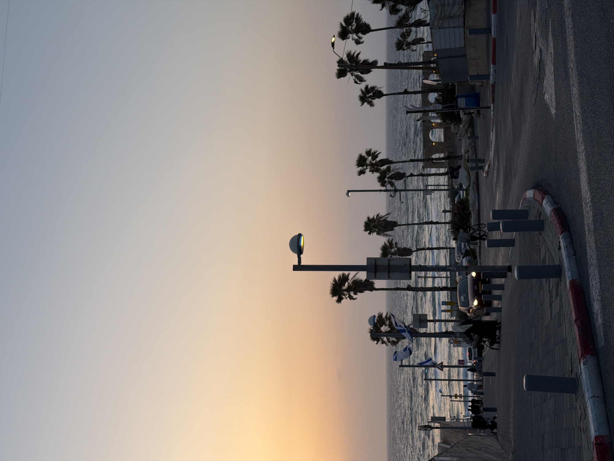 The image captures a coastal scene in Tel-Aviv, Occupied Palestine, at dusk. The sky transitions from a pale gray to a warm orange hue near the horizon. Along the shoreline, a row of palm trees stands adjacent to a road or promenade. Streetlights are interspersed among the trees. Israeli flags are visible along the promenade. Beyond the palm trees lies the sea, its surface reflecting the fading light. A paved walkway with barrier posts runs along the road. A few vehicles and pedestrians can be seen further down the road.