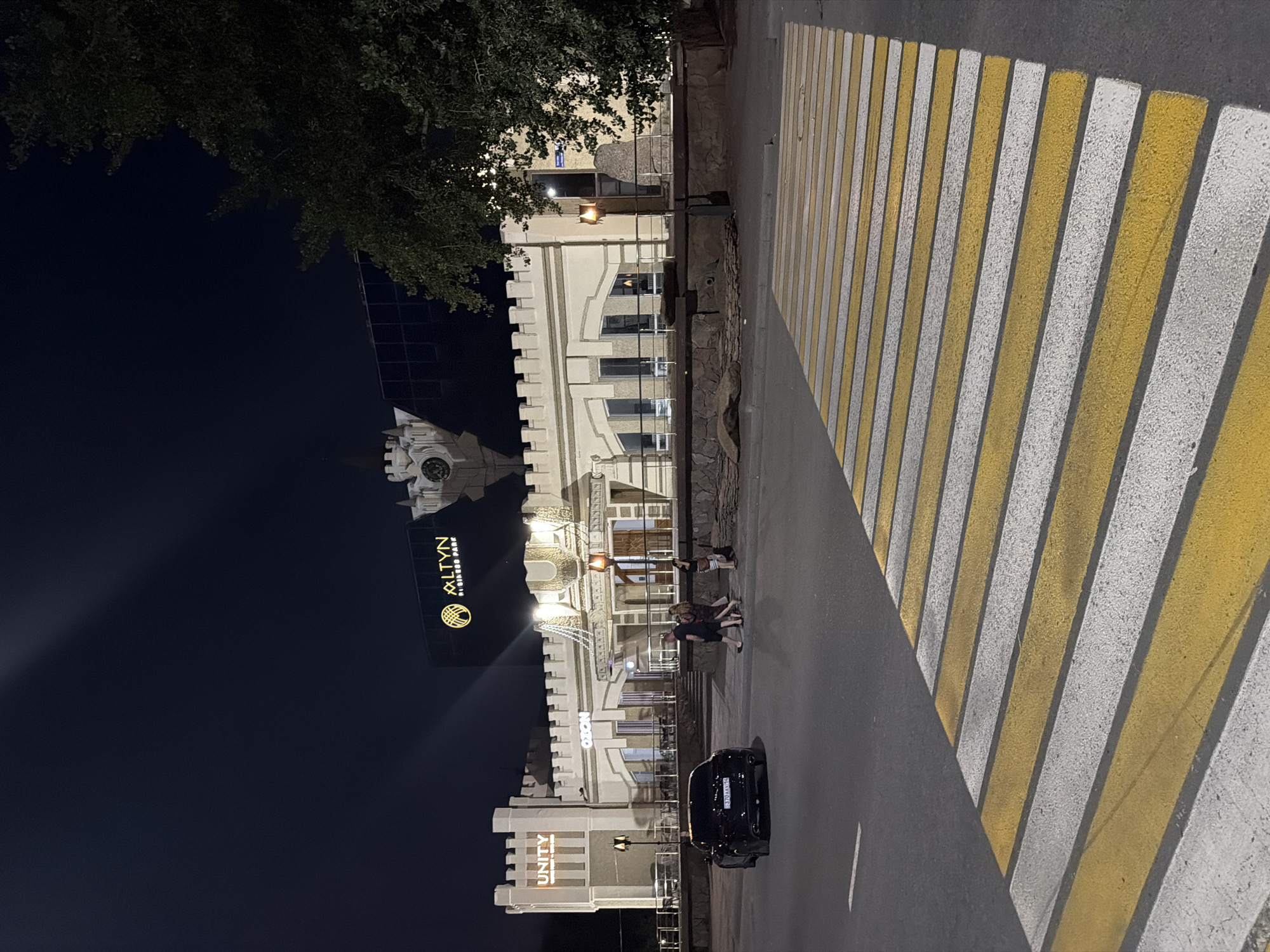 A night scene captures a street in Pavlodar, Kazakhstan, featuring a pedestrian crossing in the foreground. The crossing has prominent yellow and white stripes. Beyond the crossing, a black sedan is parked on the side of the road. In the background, a long, light-colored building with arched windows and crenellations stands illuminated. A large sign on the building reads "UNITY" with "COFFEE POINT" underneath, and another sign above it shows a logo and "ALTYN BUSINESS PARK". To the right of this building, a modern glass-paneled structure rises, also illuminated. The scene is set against a dark night sky, with a large tree on the far right providing a silhouetted contrast. Several people are visible walking on the sidewalk in front of the building, and streetlights are present.