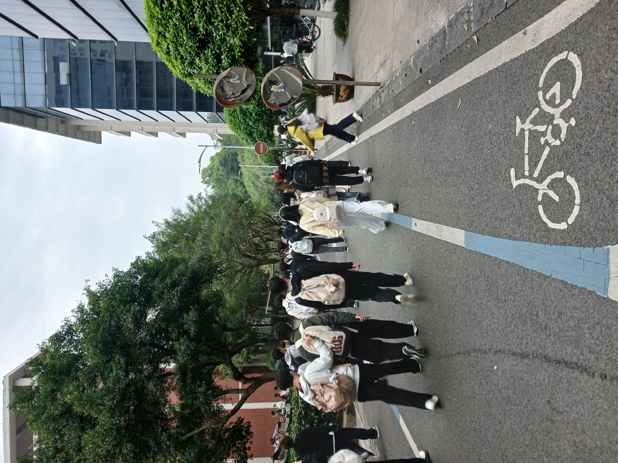 The image depicts an outdoor scene within the Chongqing High-tech Zone, China, featuring a paved pathway or street populated by numerous individuals. The time is daytime, under an overcast sky.
In the foreground and midground, a group of approximately 20-30 young adults, predominantly dressed in casual attire including jackets, hoodies, pants, and sneakers, are walking generally away from the viewer. Many are carrying backpacks of various colors (e.g., beige, black, white). Their movement suggests a common direction, possibly between academic buildings or facilities. One individual in a bright yellow jacket is visible in the mid-right, walking partially perpendicular to the main flow.
The pathway is asphalt, marked with a solid white line and a broken blue line, delineating a lane. A white bicycle symbol is stenciled on the asphalt in the lower right foreground. To the left of the path, mature trees with dense green foliage partially obscure a red-brick building. To the right, the path is bordered by a sidewalk, green shrubbery, and a modern multi-story building with dark glass windows and light-colored architectural accents. Two circular convex mirrors are mounted on a pole on the right side, reflecting distorted images of people and the surrounding environment. A red circular "no entry" or "no vehicles" sign is visible behind these mirrors. A potted plant with palm-like leaves sits below the mirrors. In the background, additional trees and a street light pole are visible. Bicycles are parked further down the path on the right.