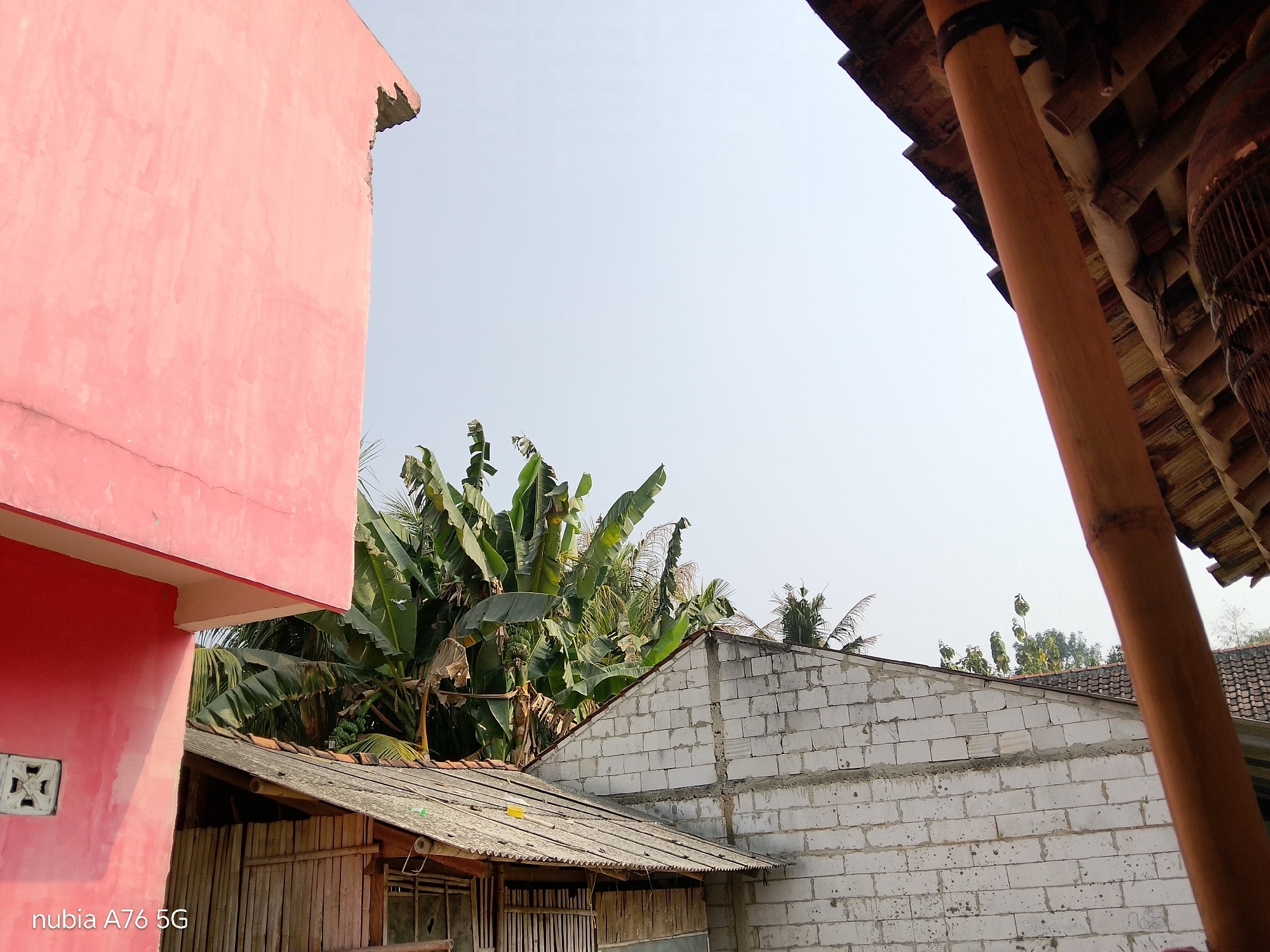 In Cakung, Indonesia, a scene unfolds featuring a pink building on the left with visible cracks and a textured surface. Adjacent to it, a wooden structure with a corrugated roof stands to the right, partly obscured by lush green banana trees. Further right, a wall constructed from white cinder blocks forms the backdrop, with a pitched roof of clay tiles visible above it. A large, brown, cylindrical wooden pole dominates the foreground on the right, supporting a dark brown, tiled roof structure. The sky is clear and pale.